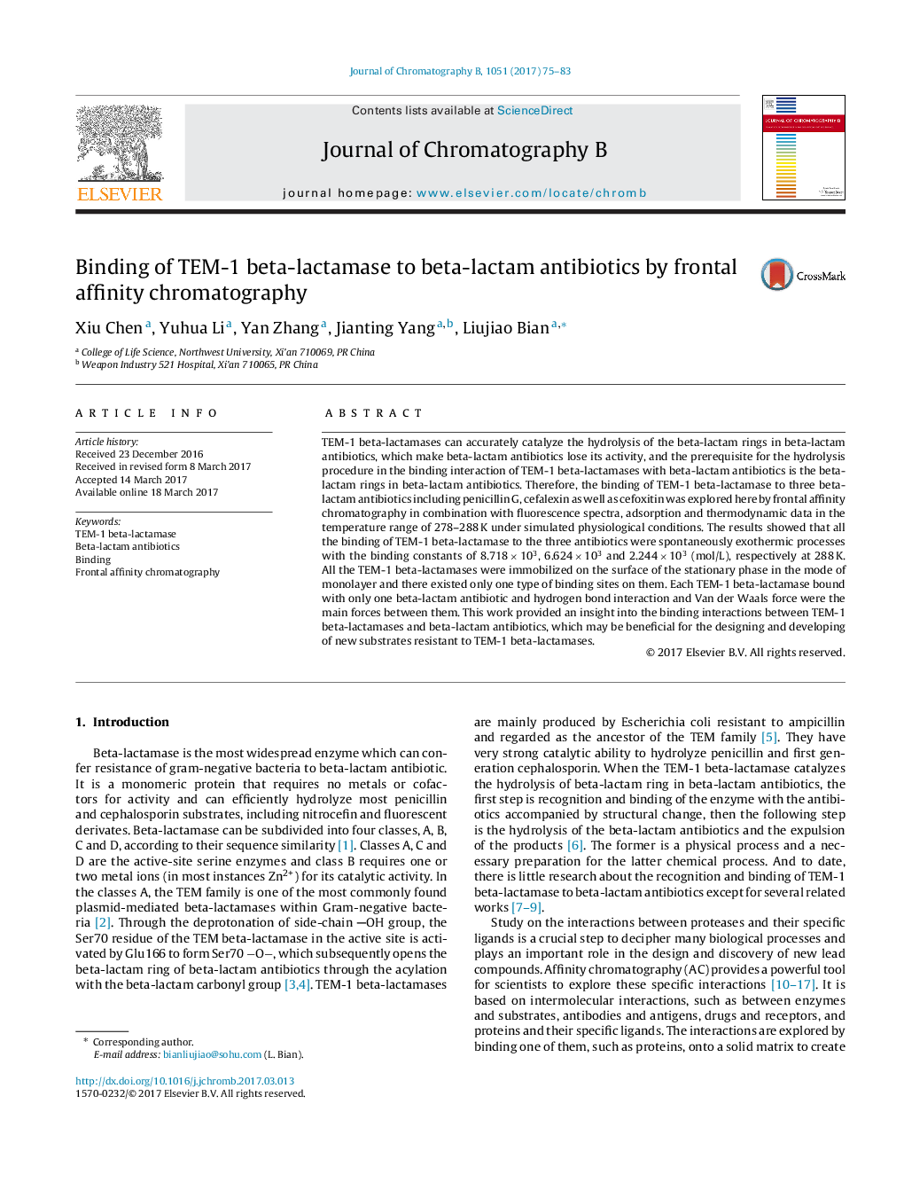 Binding of TEM-1 beta-lactamase to beta-lactam antibiotics by frontal affinity chromatography