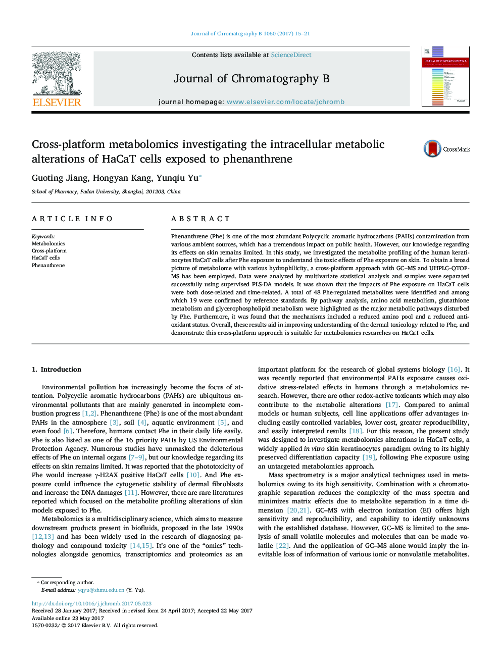 Cross-platform metabolomics investigating the intracellular metabolic alterations of HaCaT cells exposed to phenanthrene