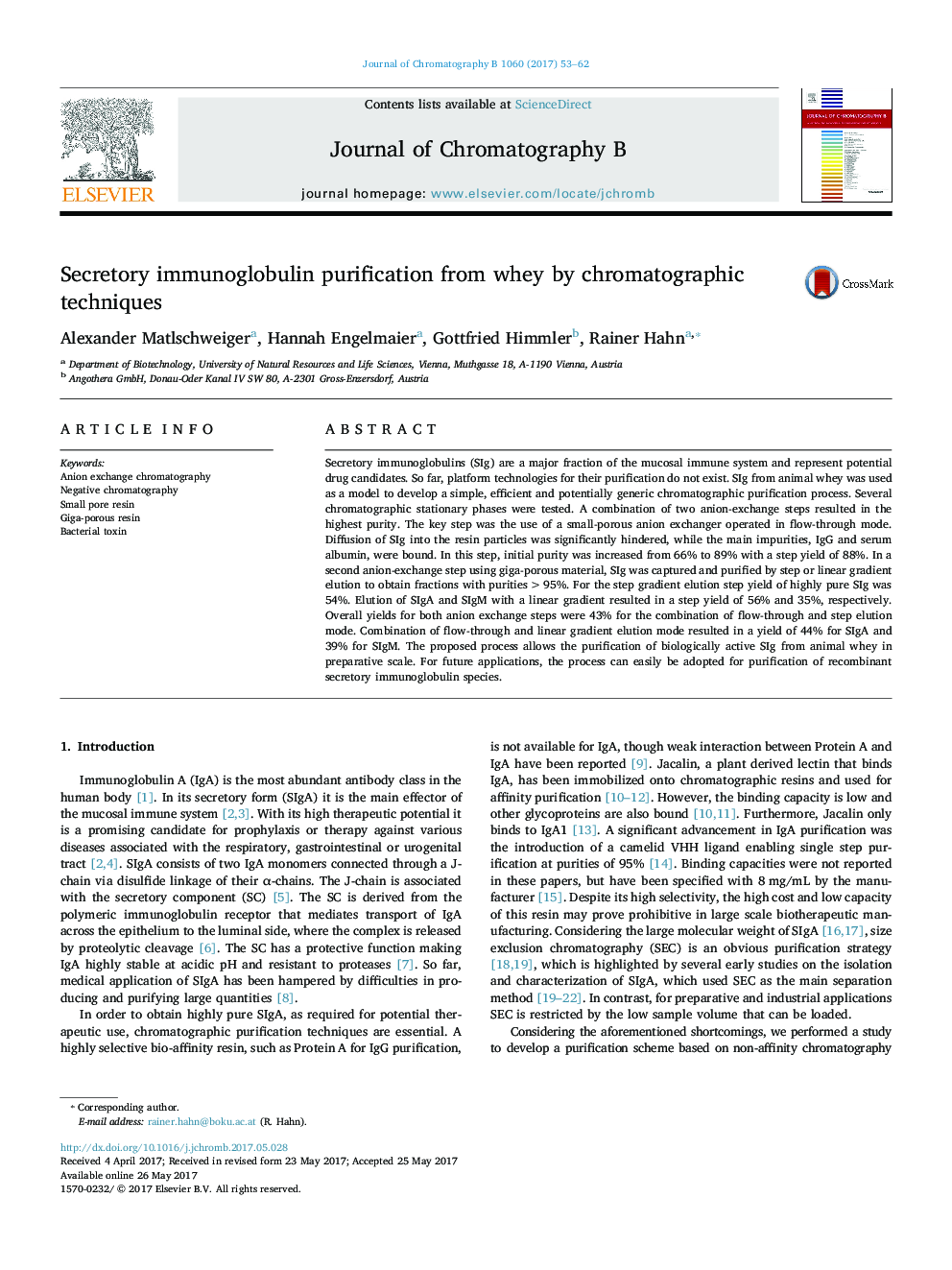 Secretory immunoglobulin purification from whey by chromatographic techniques