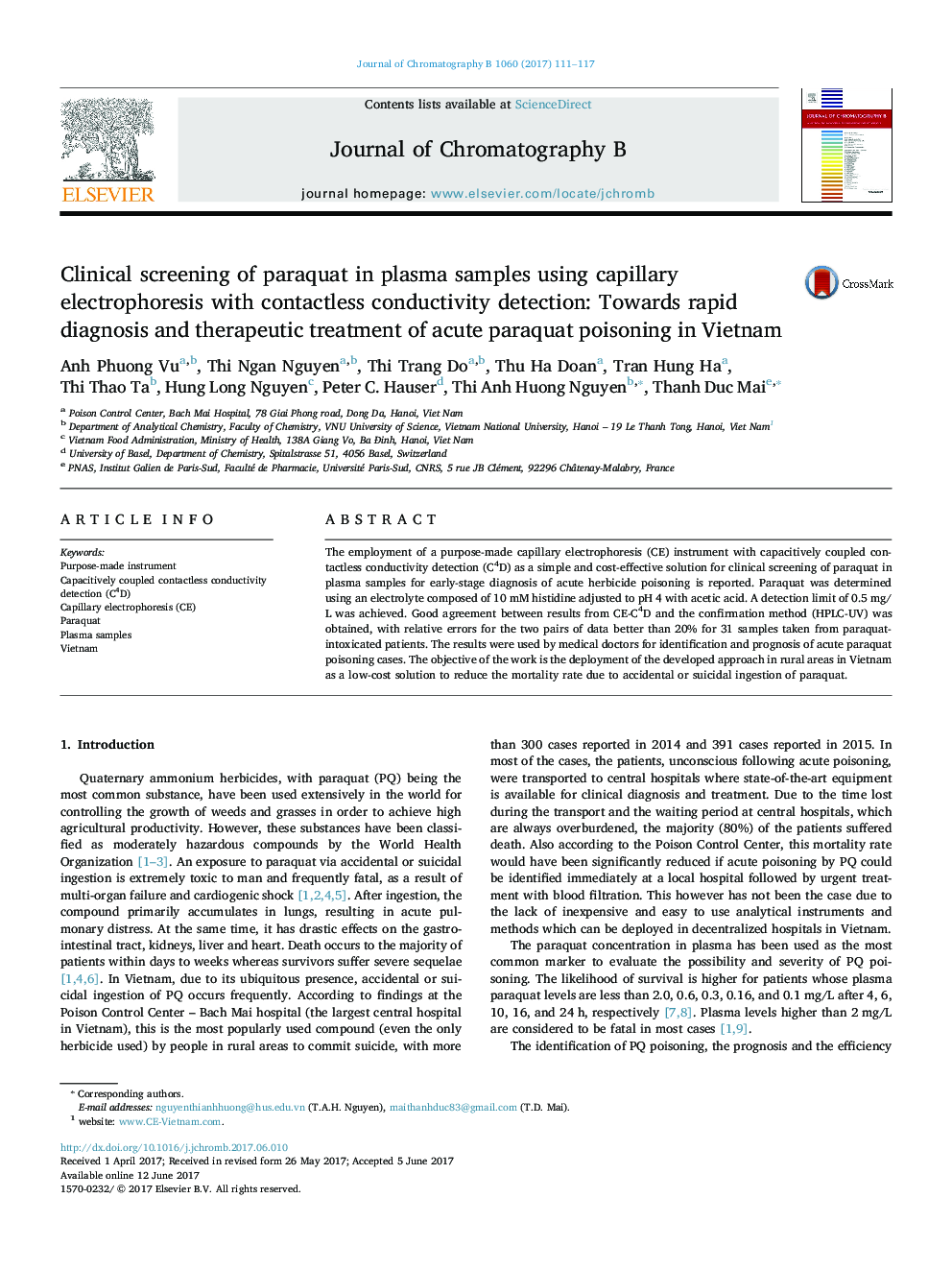 Clinical screening of paraquat in plasma samples using capillary electrophoresis with contactless conductivity detection: Towards rapid diagnosis and therapeutic treatment of acute paraquat poisoning in Vietnam