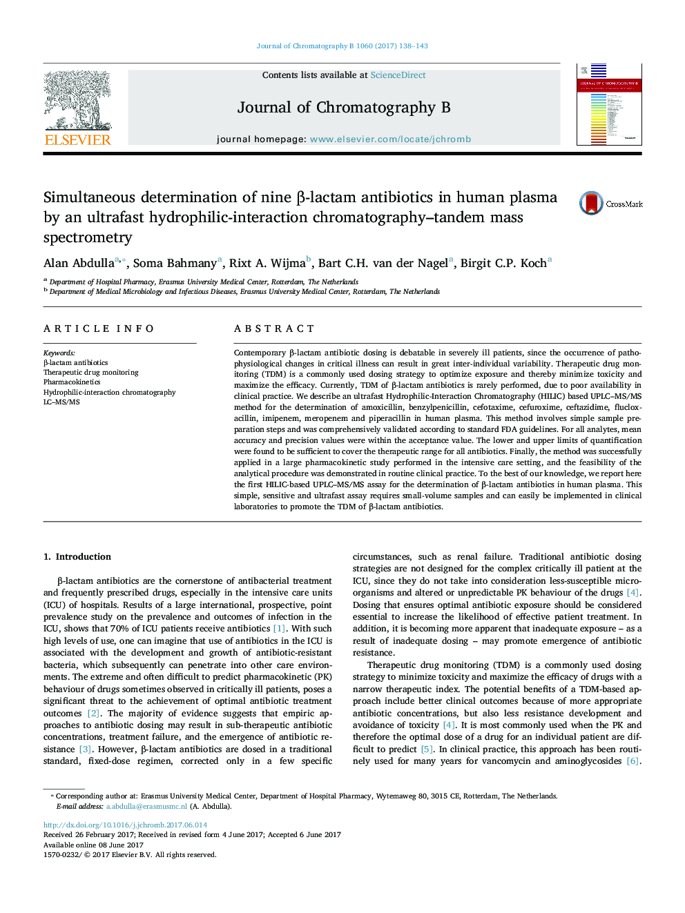 Simultaneous determination of nine Î²-lactam antibiotics in human plasma by an ultrafast hydrophilic-interaction chromatography-tandem mass spectrometry