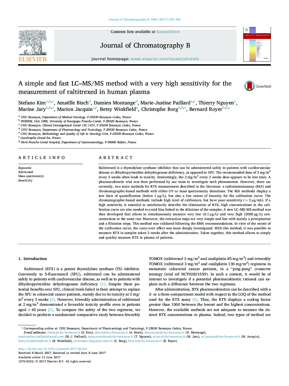 A simple and fast LC-MS/MS method with a very high sensitivity for the measurement of raltitrexed in human plasma