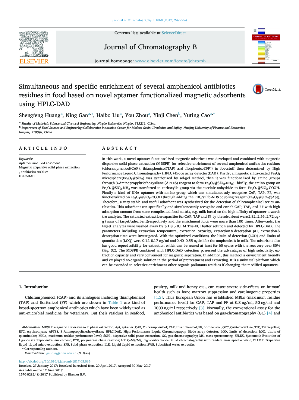 Simultaneous and specific enrichment of several amphenicol antibiotics residues in food based on novel aptamer functionalized magnetic adsorbents using HPLC-DAD