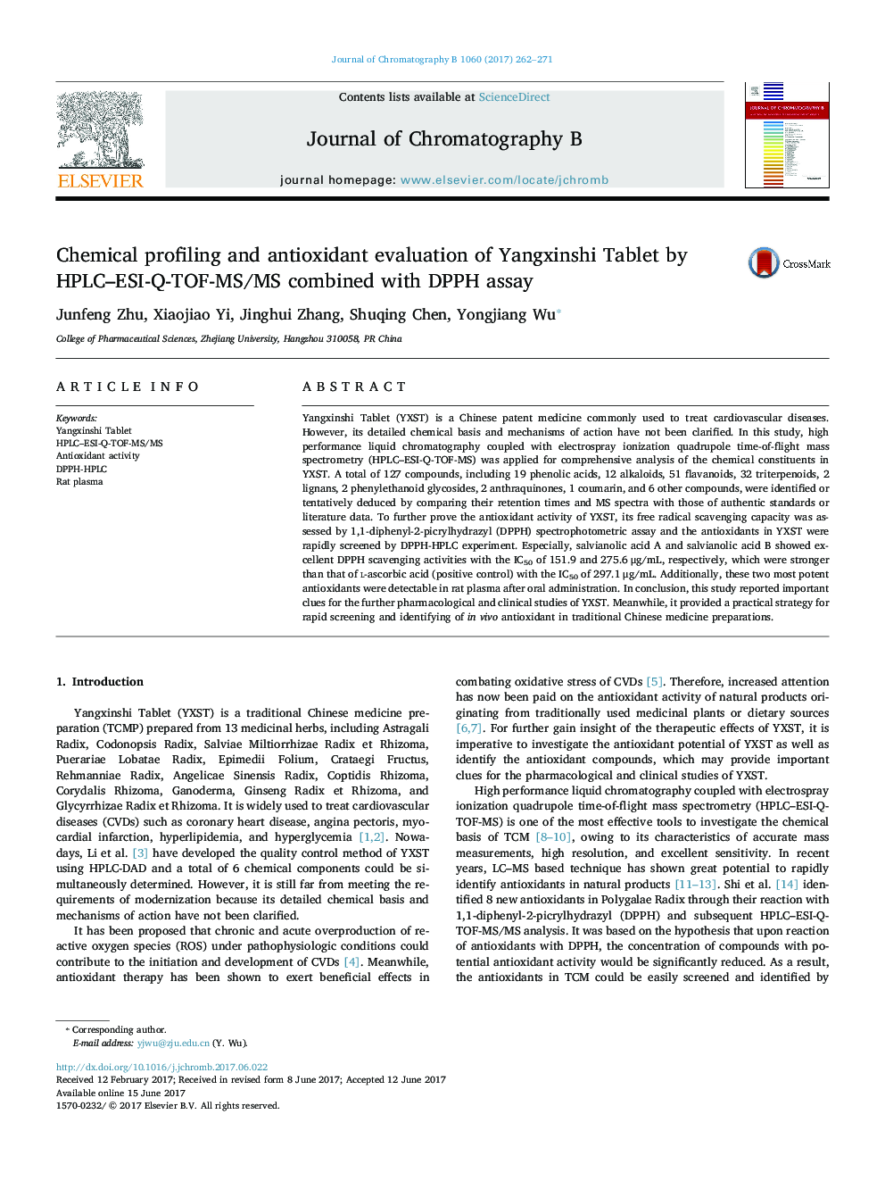 Chemical profiling and antioxidant evaluation of Yangxinshi Tablet by HPLC-ESI-Q-TOF-MS/MS combined with DPPH assay