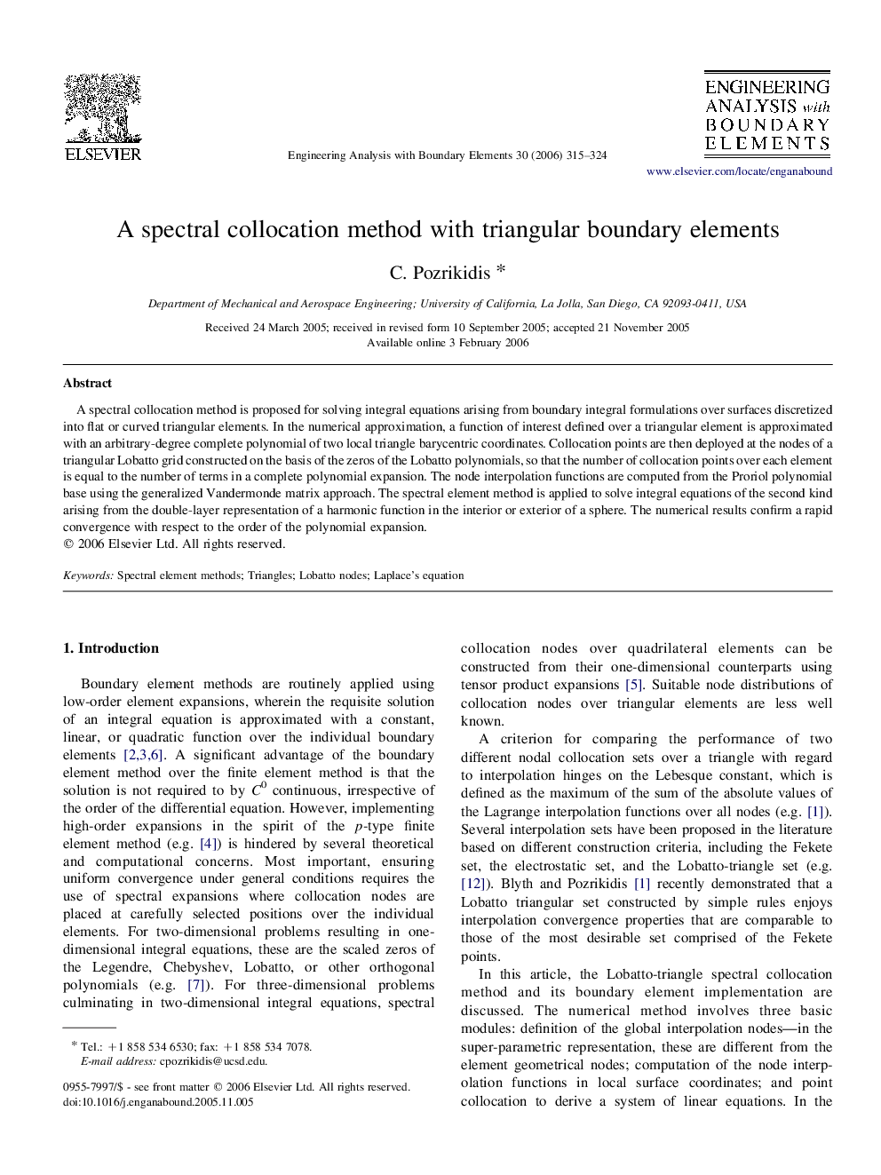 A spectral collocation method with triangular boundary elements