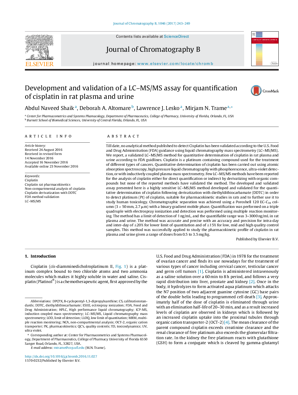 Development and validation of a LC-MS/MS assay for quantification of cisplatin in rat plasma and urine