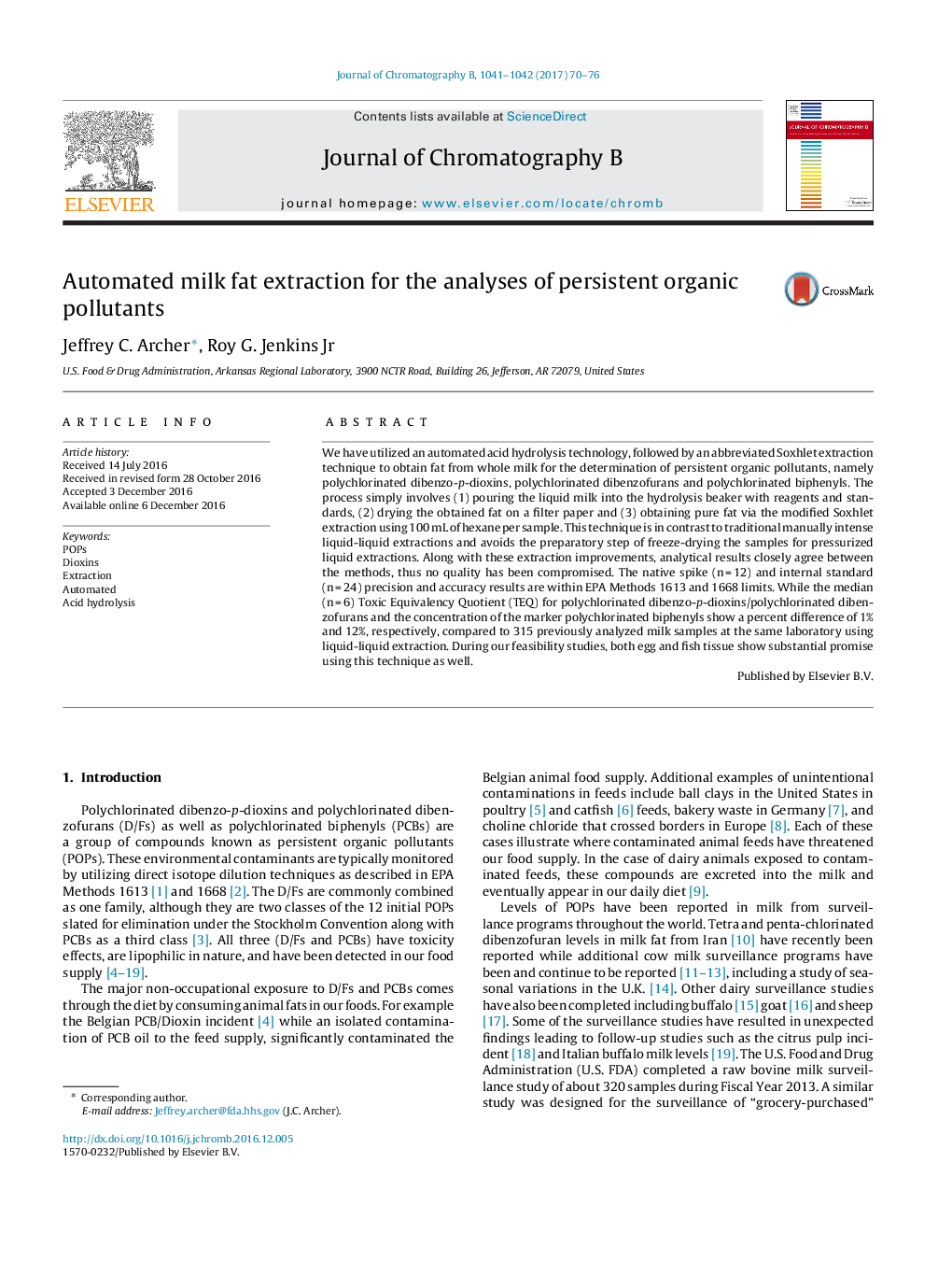 Automated milk fat extraction for the analyses of persistent organic pollutants