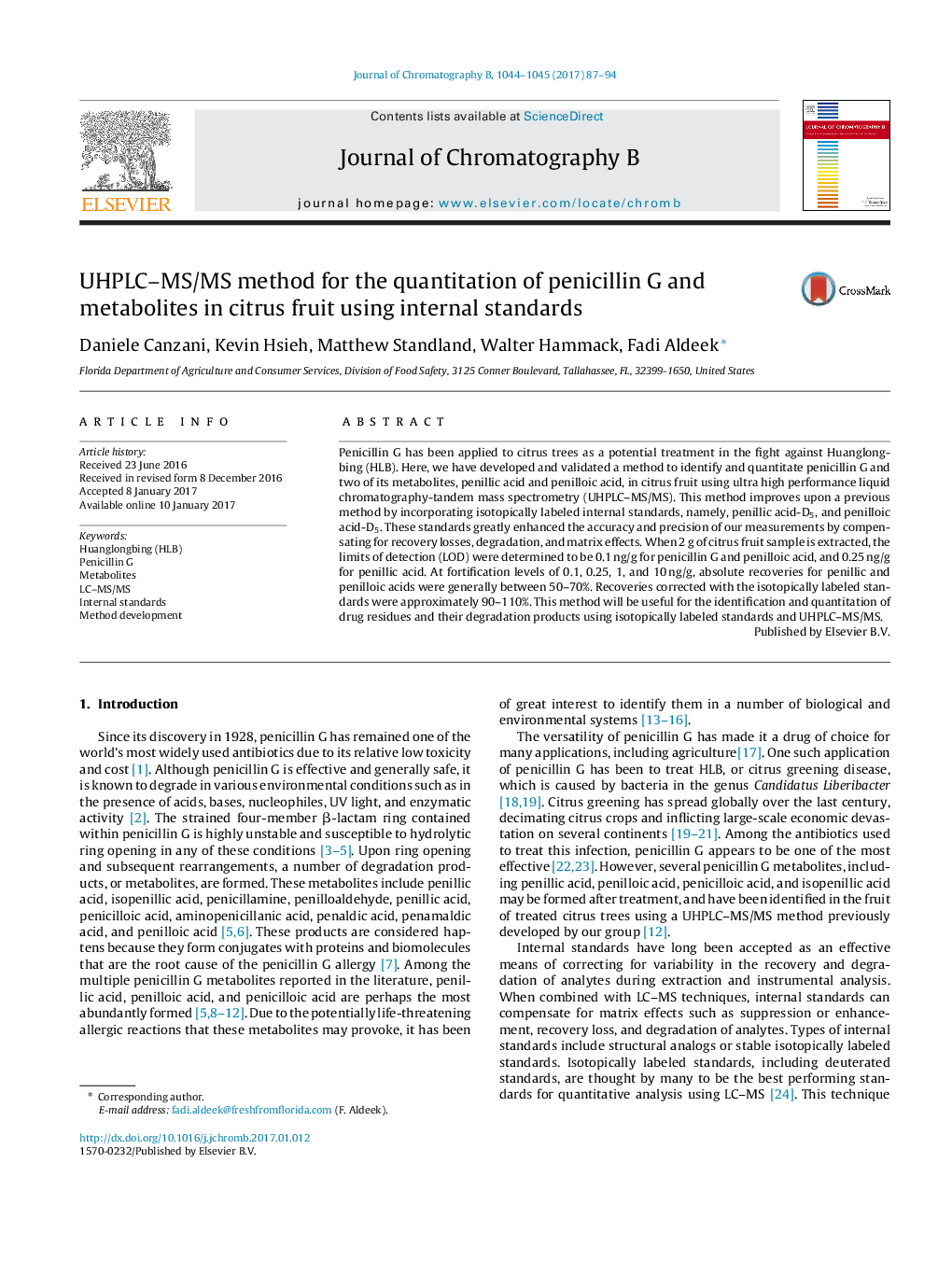 UHPLC-MS/MS method for the quantitation of penicillin G and metabolites in citrus fruit using internal standards