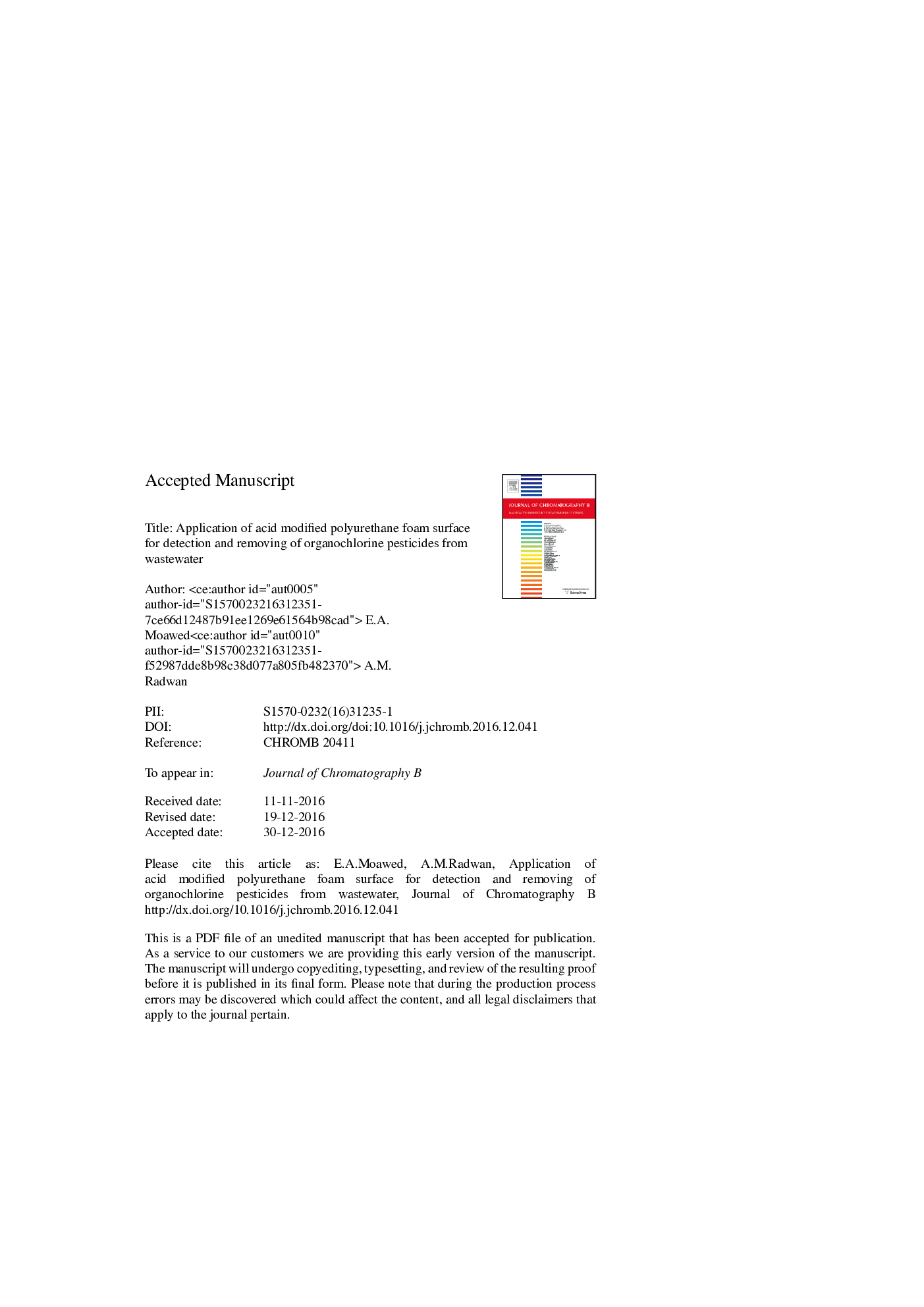 Application of acid modified polyurethane foam surface for detection and removing of organochlorine pesticides from wastewater