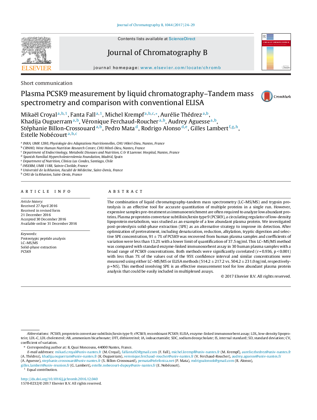 Plasma PCSK9 measurement by liquid chromatography-Tandem mass spectrometry and comparison with conventional ELISA