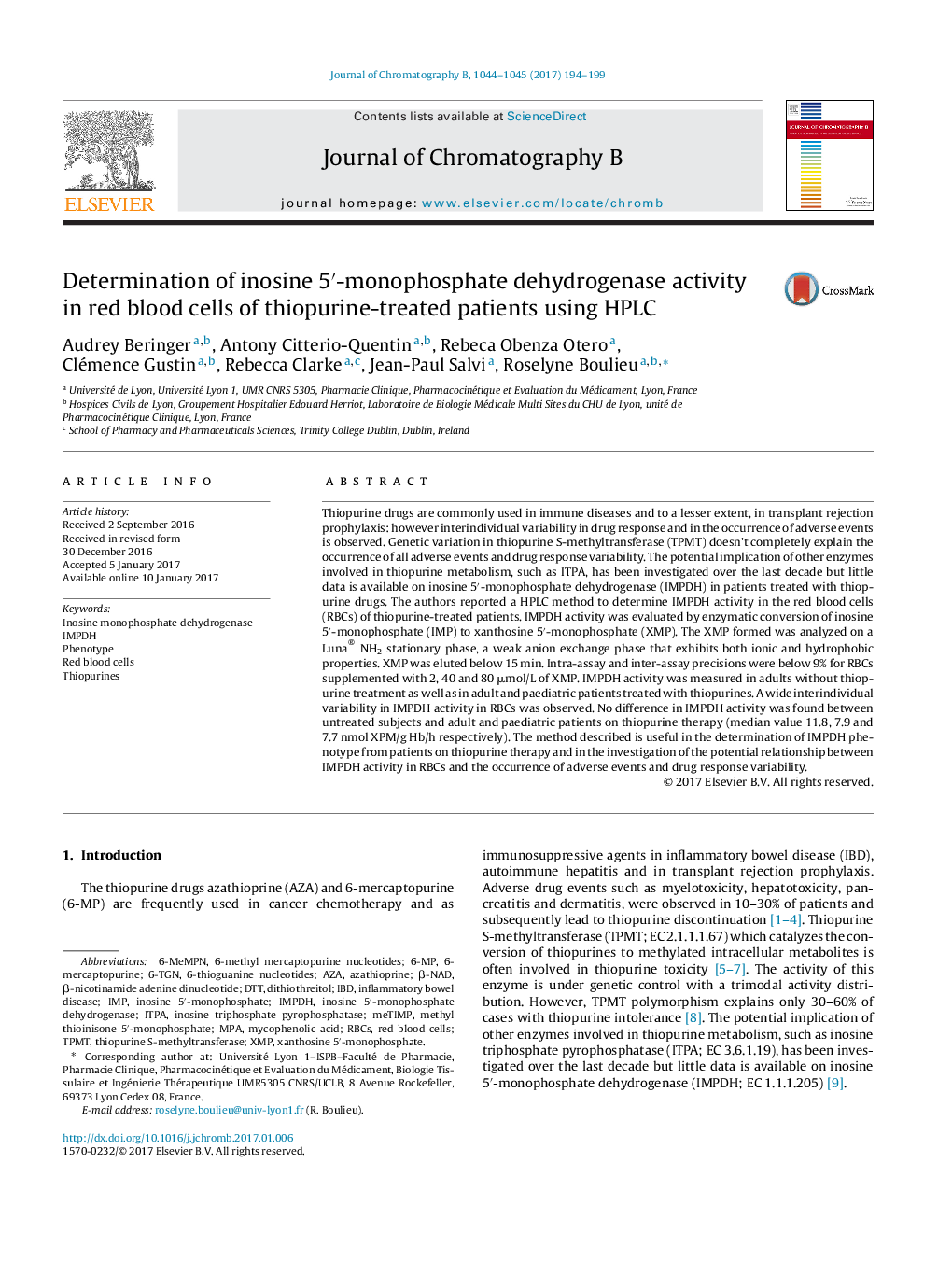 Determination of inosine 5â²-monophosphate dehydrogenase activity in red blood cells of thiopurine-treated patients using HPLC