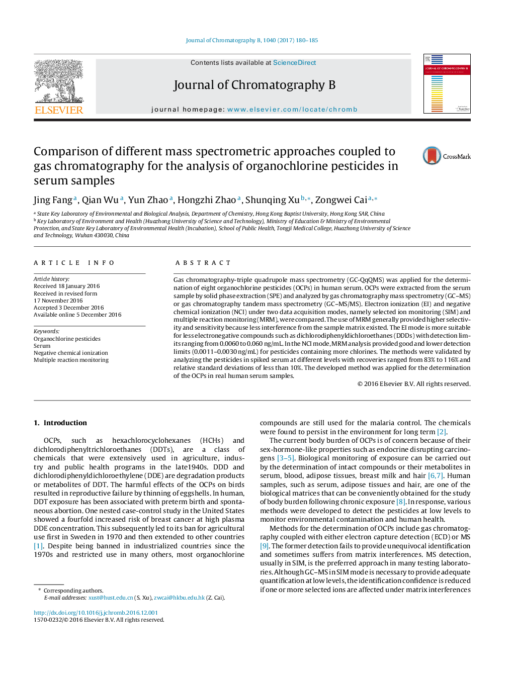 Comparison of different mass spectrometric approaches coupled to gas chromatography for the analysis of organochlorine pesticides in serum samples