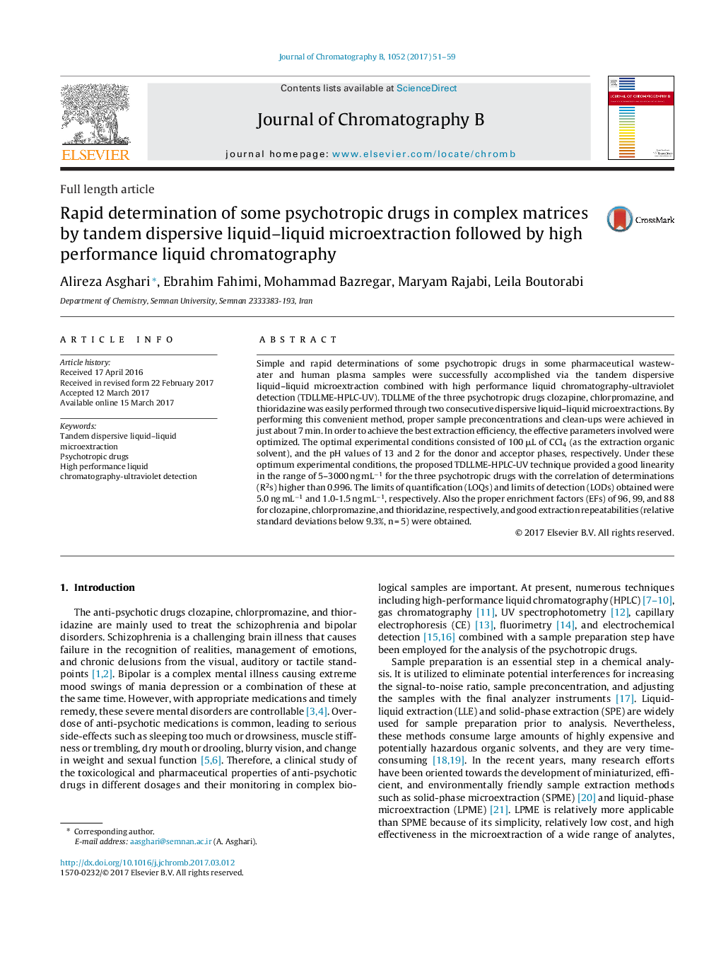 Full length articleRapid determination of some psychotropic drugs in complex matrices by tandem dispersive liquid-liquid microextraction followed by high performance liquid chromatography