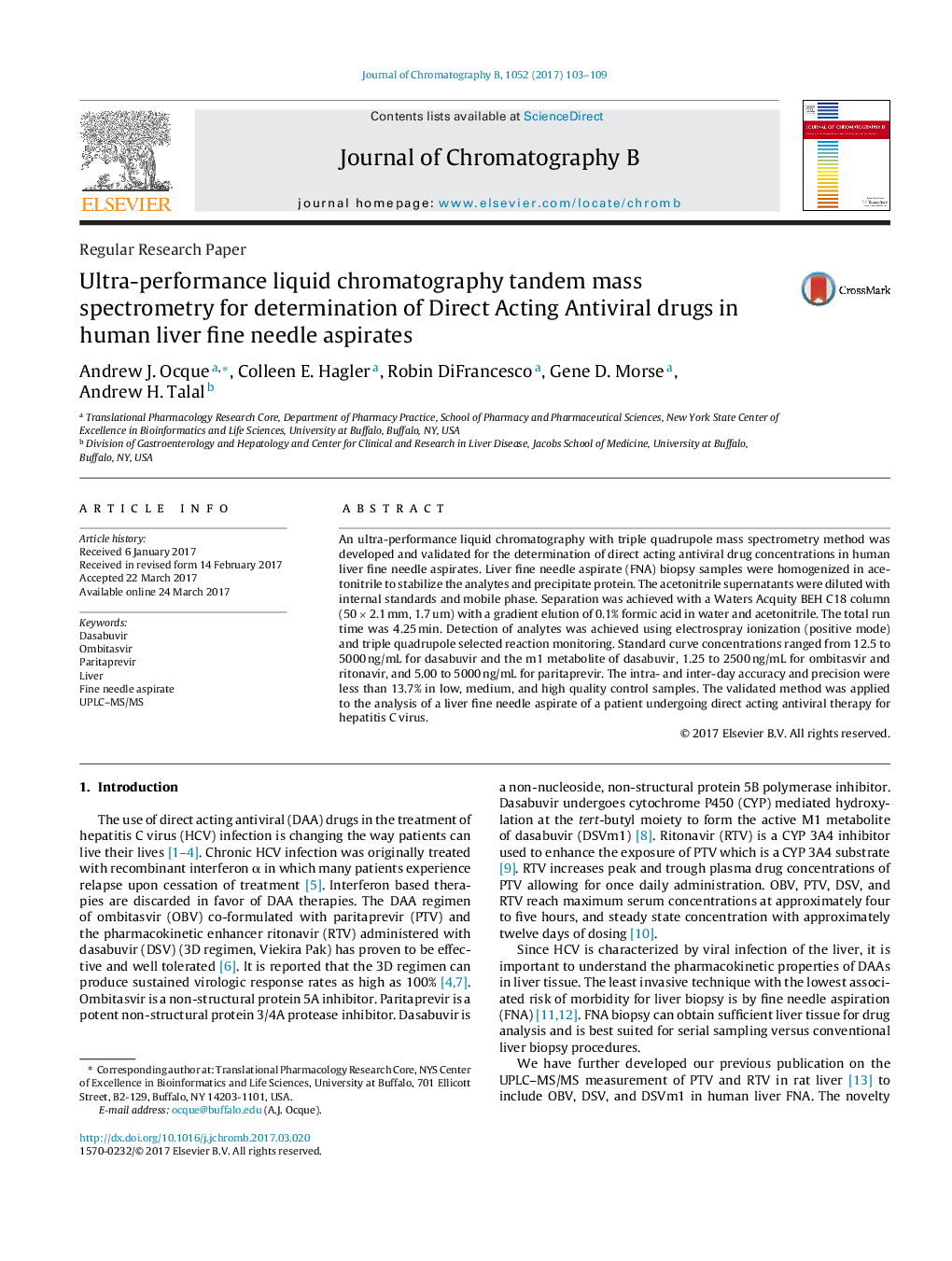 Regular Research PaperUltra-performance liquid chromatography tandem mass spectrometry for determination of Direct Acting Antiviral drugs in human liver fine needle aspirates