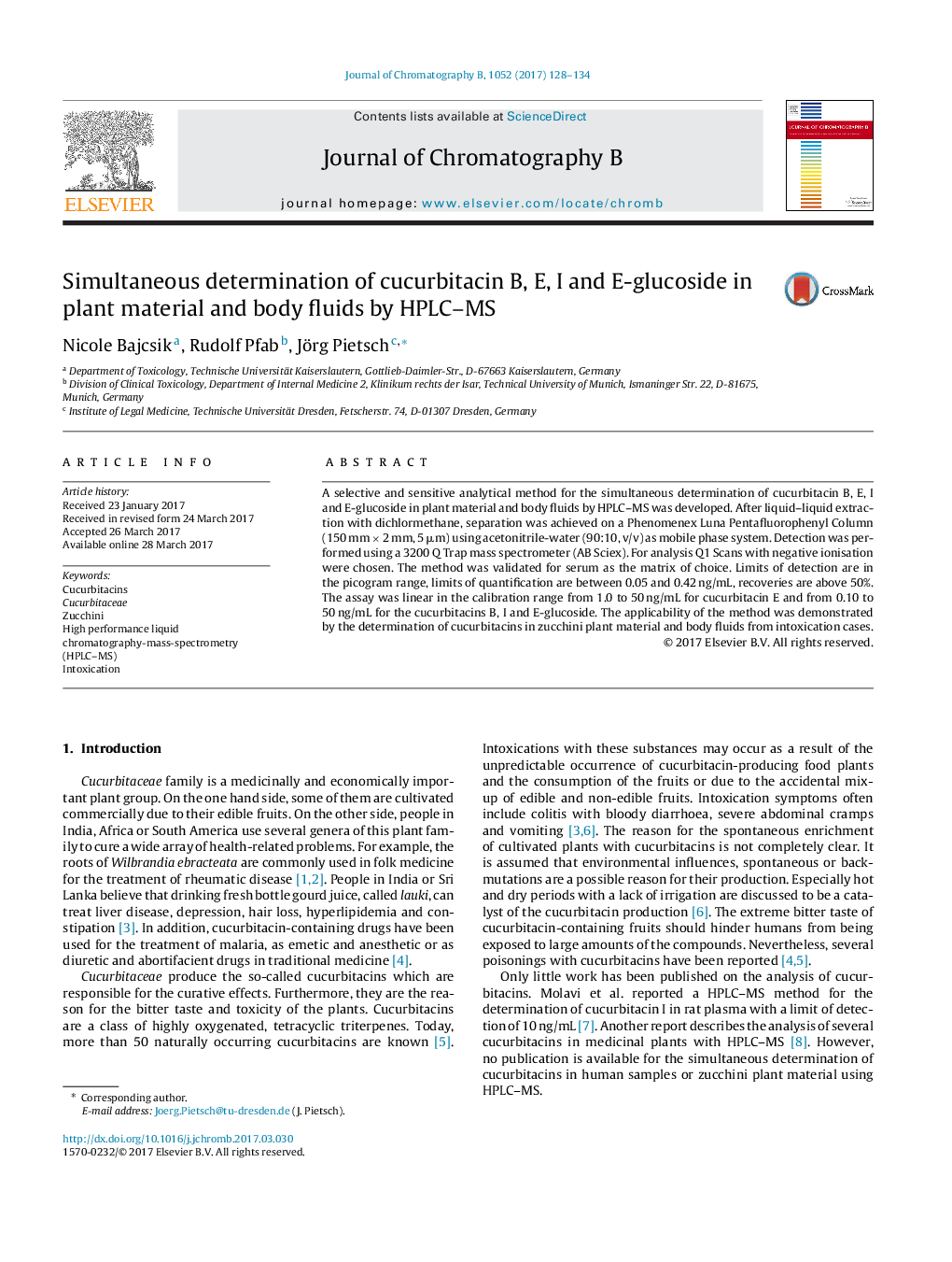 Simultaneous determination of cucurbitacin B, E, I and E-glucoside in plant material and body fluids by HPLC-MS