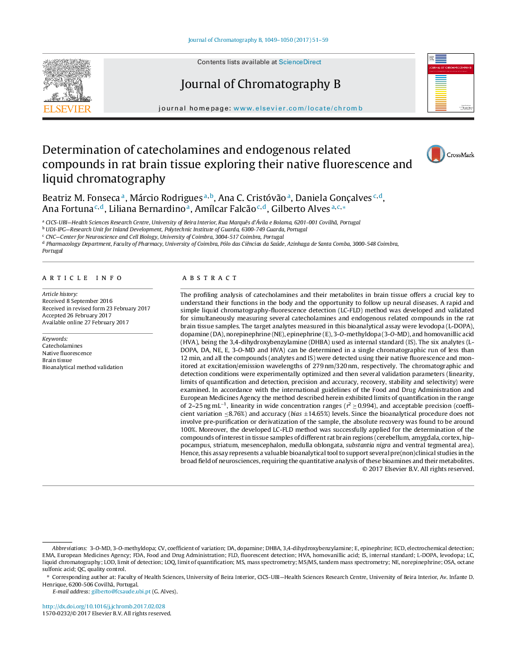 Determination of catecholamines and endogenous related compounds in rat brain tissue exploring their native fluorescence and liquid chromatography