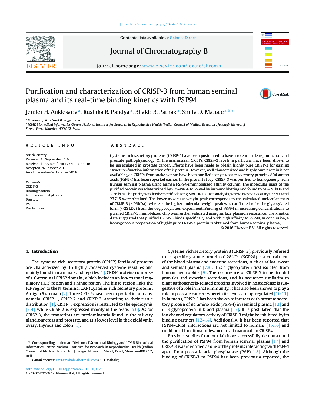 Purification and characterization of CRISP-3 from human seminal plasma and its real-time binding kinetics with PSP94