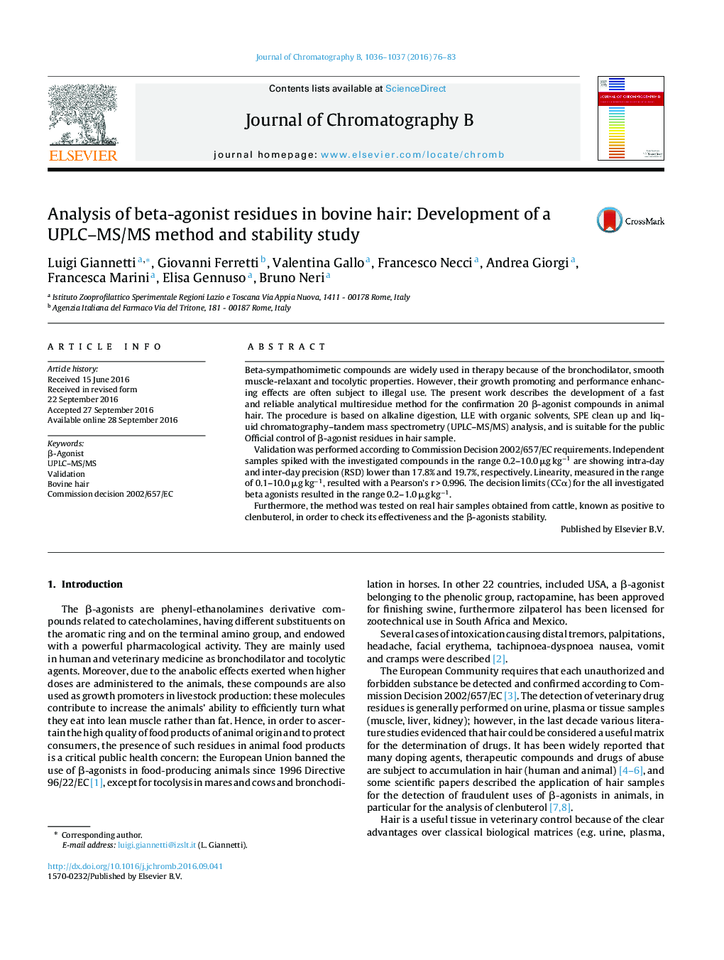 Analysis of beta-agonist residues in bovine hair: Development of a UPLC-MS/MS method and stability study