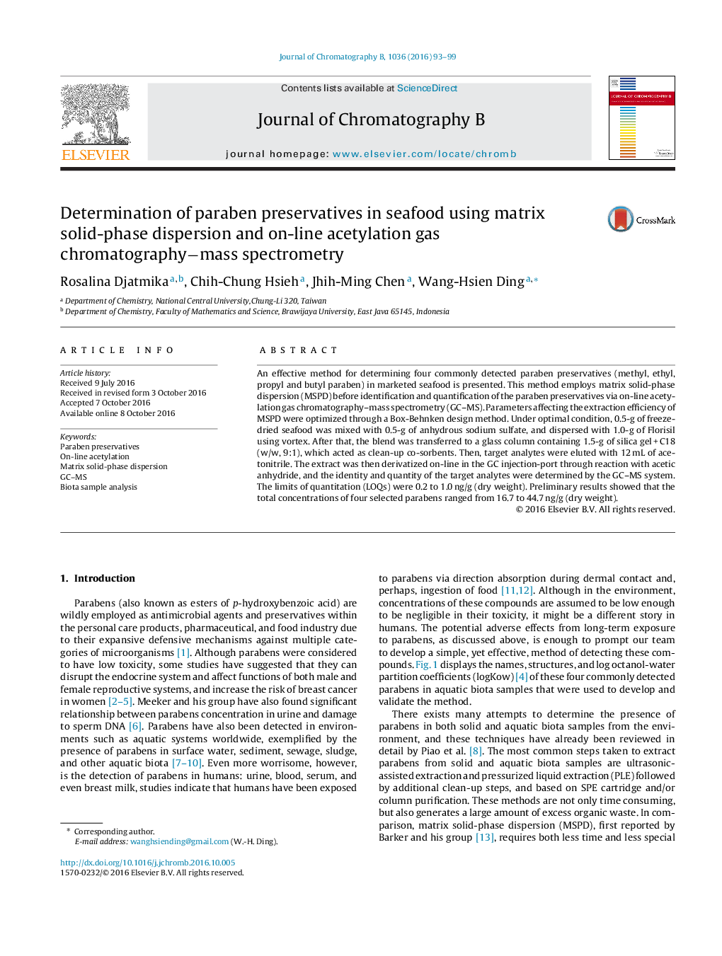 Determination of paraben preservatives in seafood using matrix solid-phase dispersion and on-line acetylation gas chromatographyâmass spectrometry