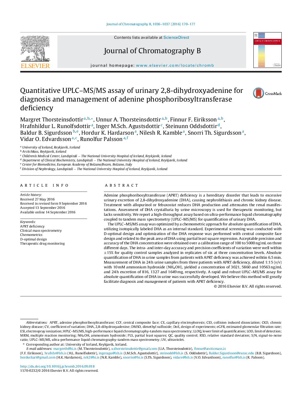 Quantitative UPLC-MS/MS assay of urinary 2,8-dihydroxyadenine for diagnosis and management of adenine phosphoribosyltransferase deficiency