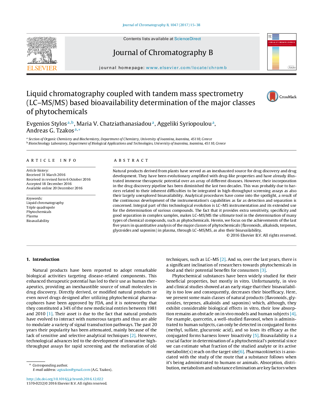 Liquid chromatography coupled with tandem mass spectrometry (LC-MS/MS) based bioavailability determination of the major classes of phytochemicals