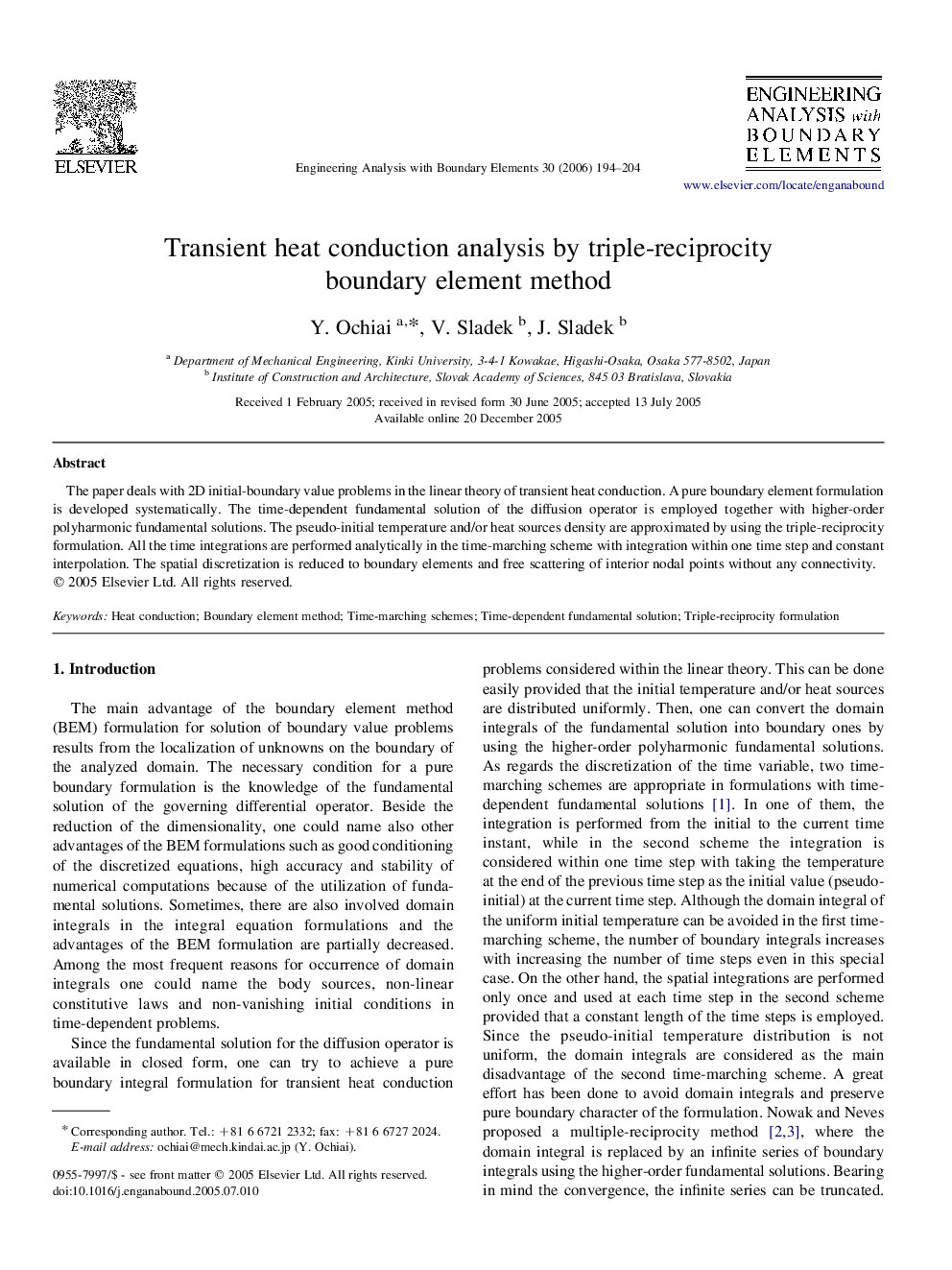 Transient heat conduction analysis by triple-reciprocity boundary element method