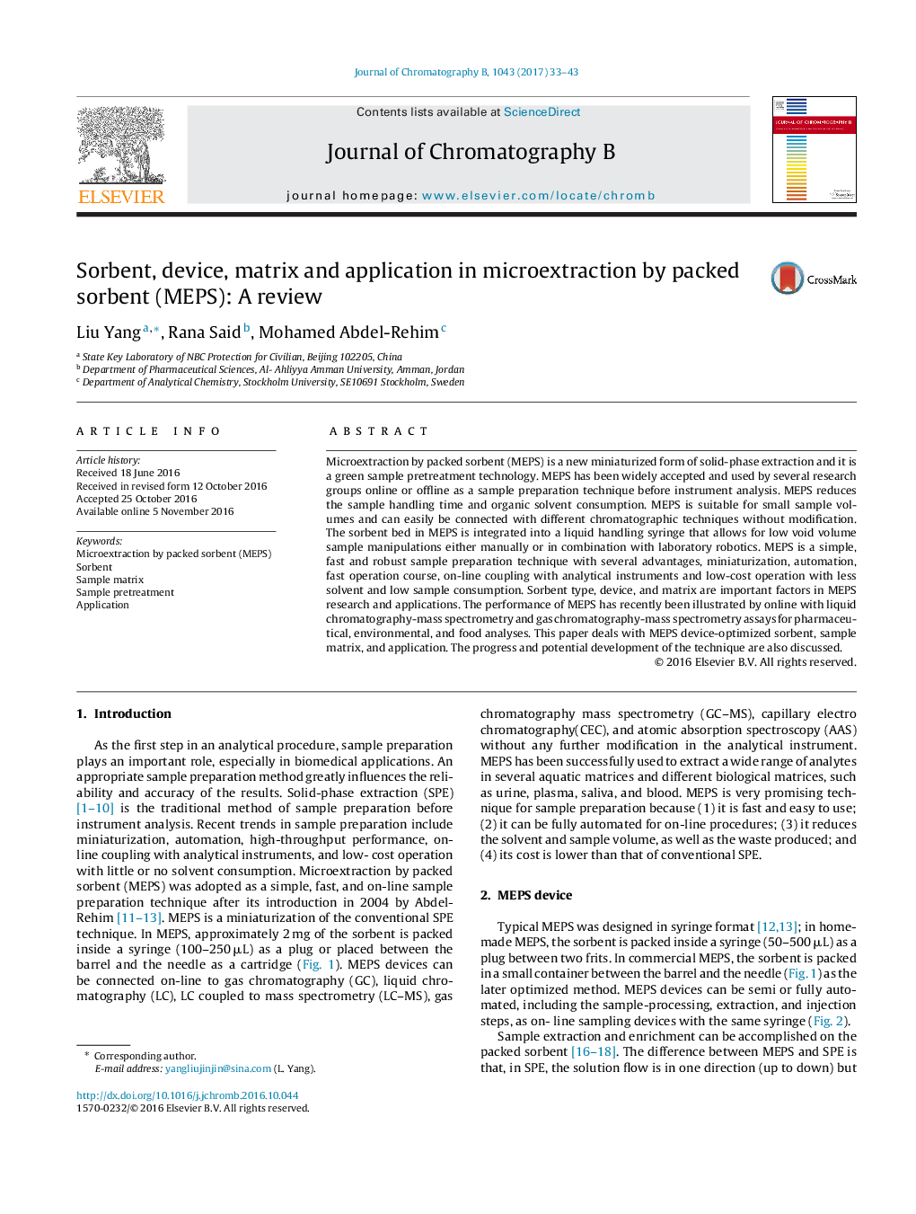 Sorbent, device, matrix and application in microextraction by packed sorbent (MEPS): A review