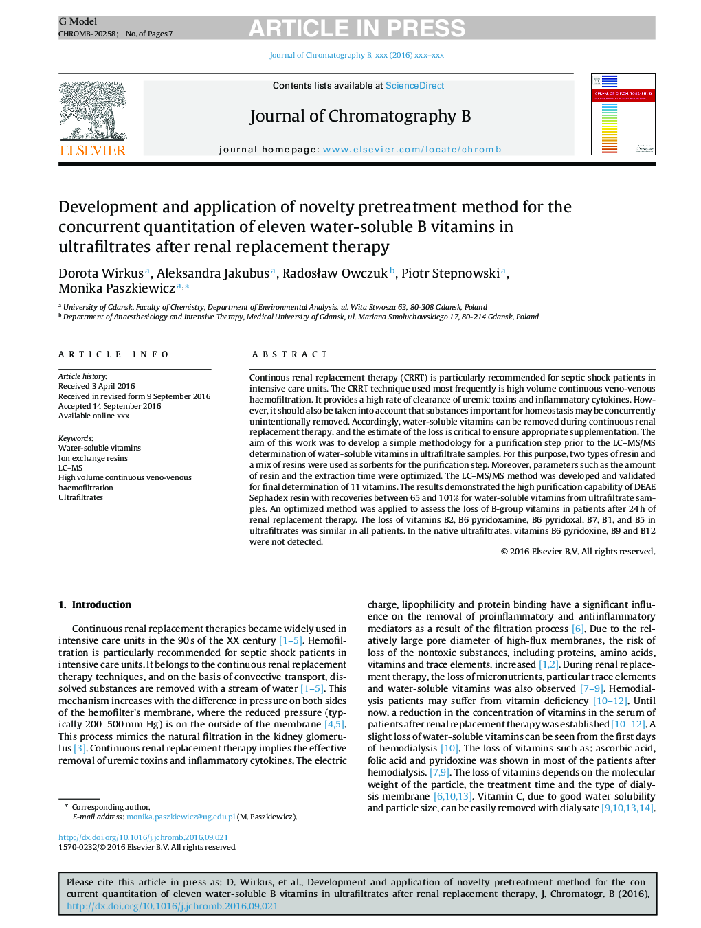 Development and application of novelty pretreatment method for the concurrent quantitation of eleven water-soluble B vitamins in ultrafiltrates after renal replacement therapy