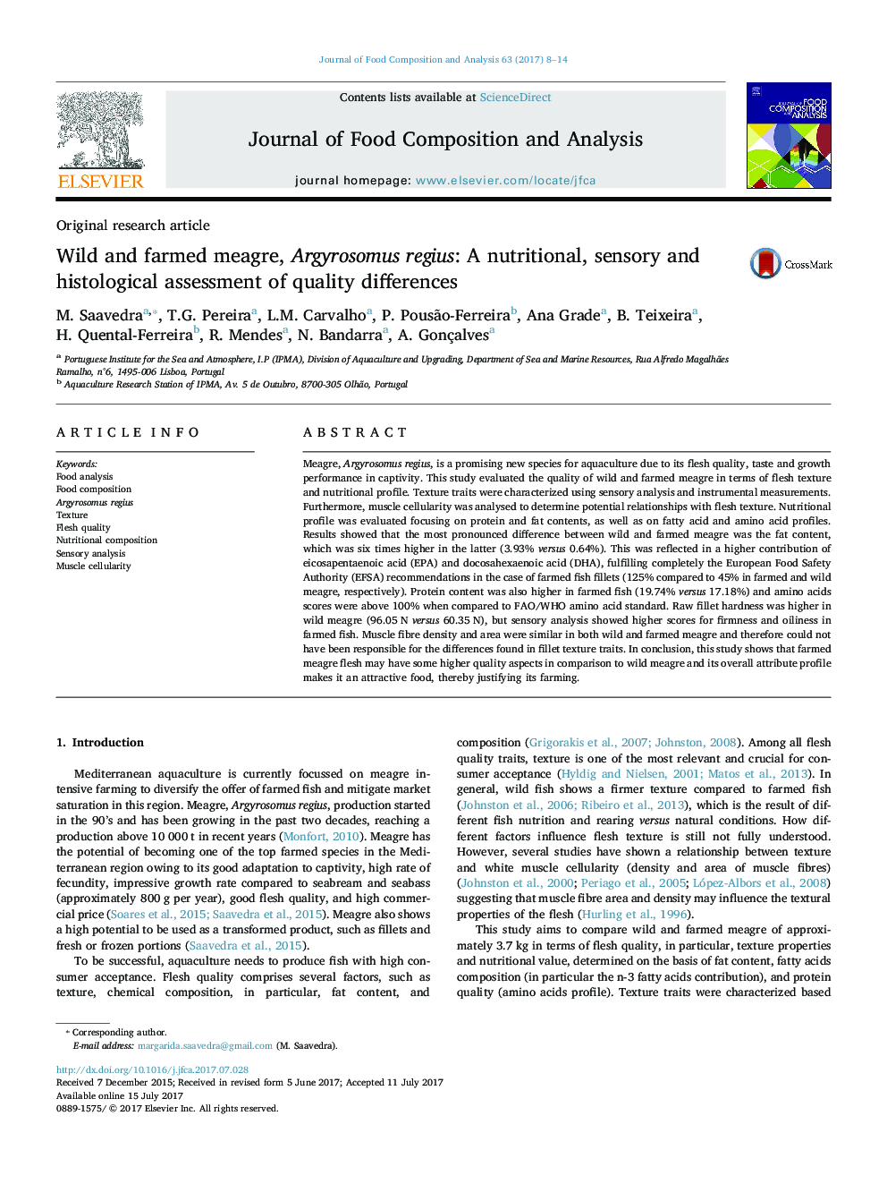 Original research articleWild and farmed meagre, Argyrosomus regius: A nutritional, sensory and histological assessment of quality differences