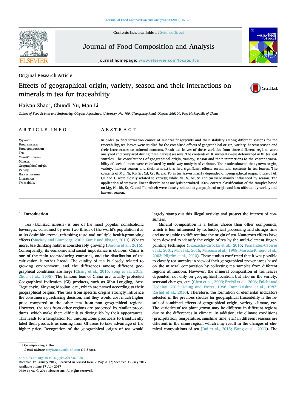 Effects of geographical origin, variety, season and their interactions on minerals in tea for traceability