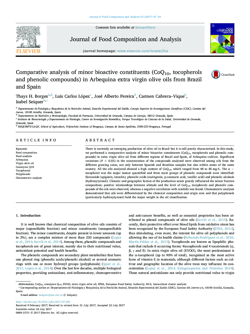 Comparative analysis of minor bioactive constituents (CoQ10, tocopherols and phenolic compounds) in Arbequina extra virgin olive oils from Brazil and Spain