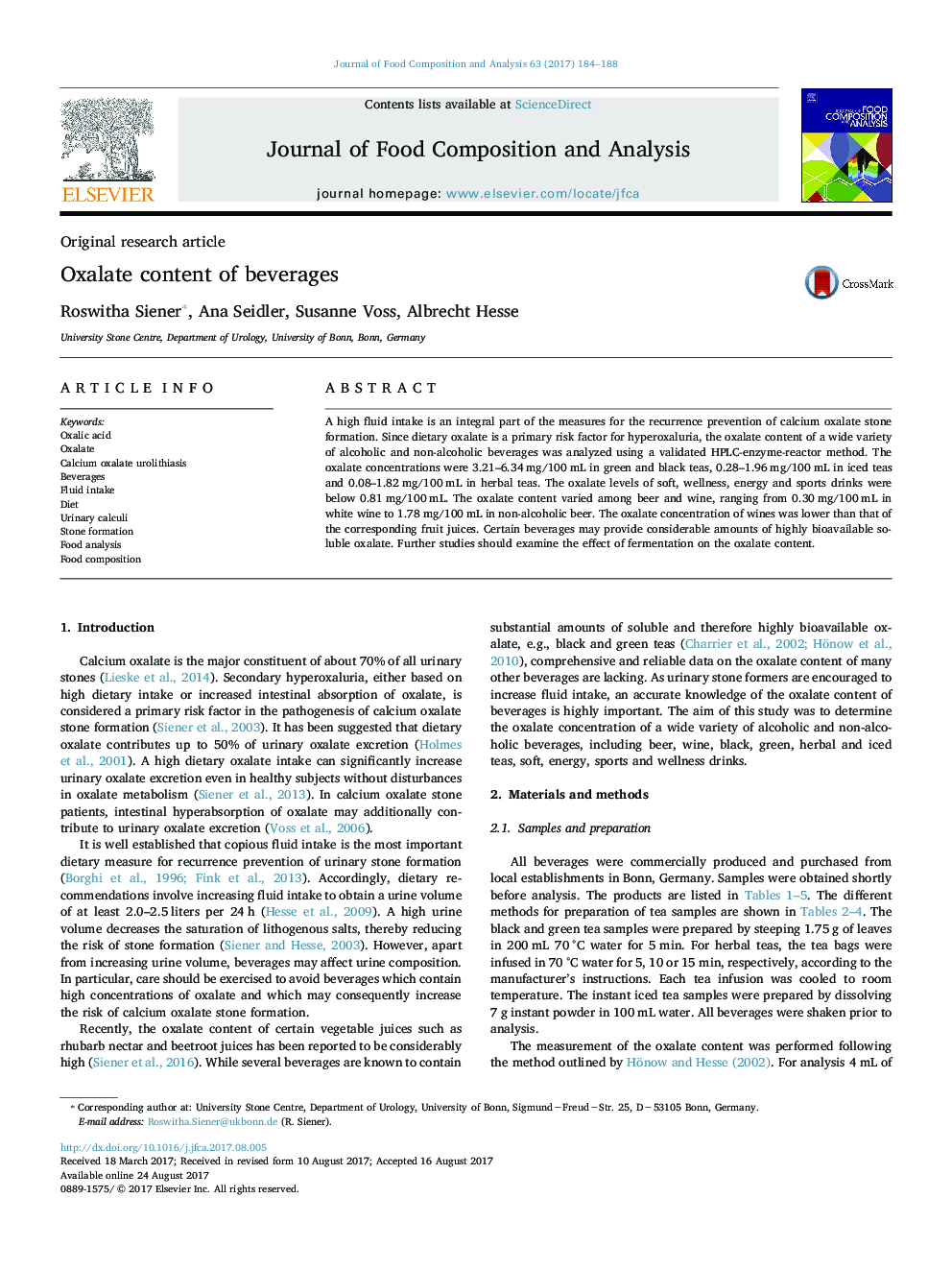 Original research articleOxalate content of beverages