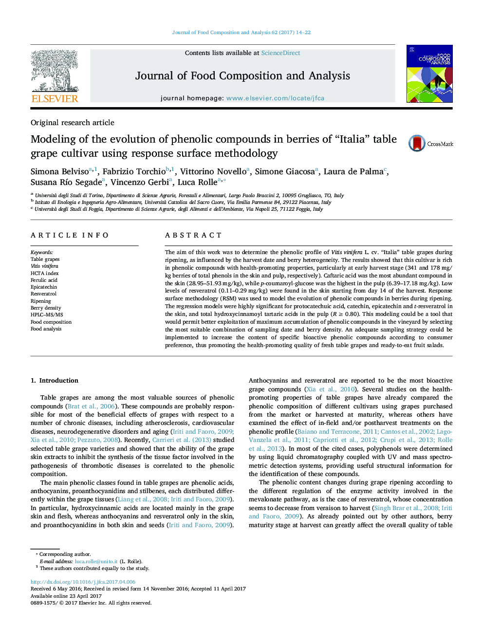 Original research articleModeling of the evolution of phenolic compounds in berries of “Italia” table grape cultivar using response surface methodology