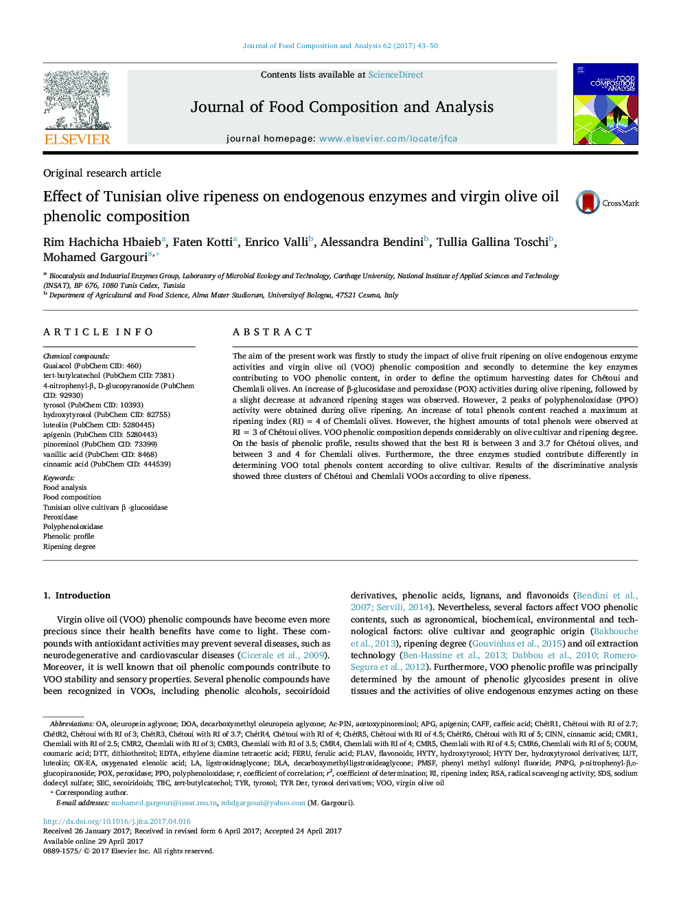 Original research articleEffect of Tunisian olive ripeness on endogenous enzymes and virgin olive oil phenolic composition