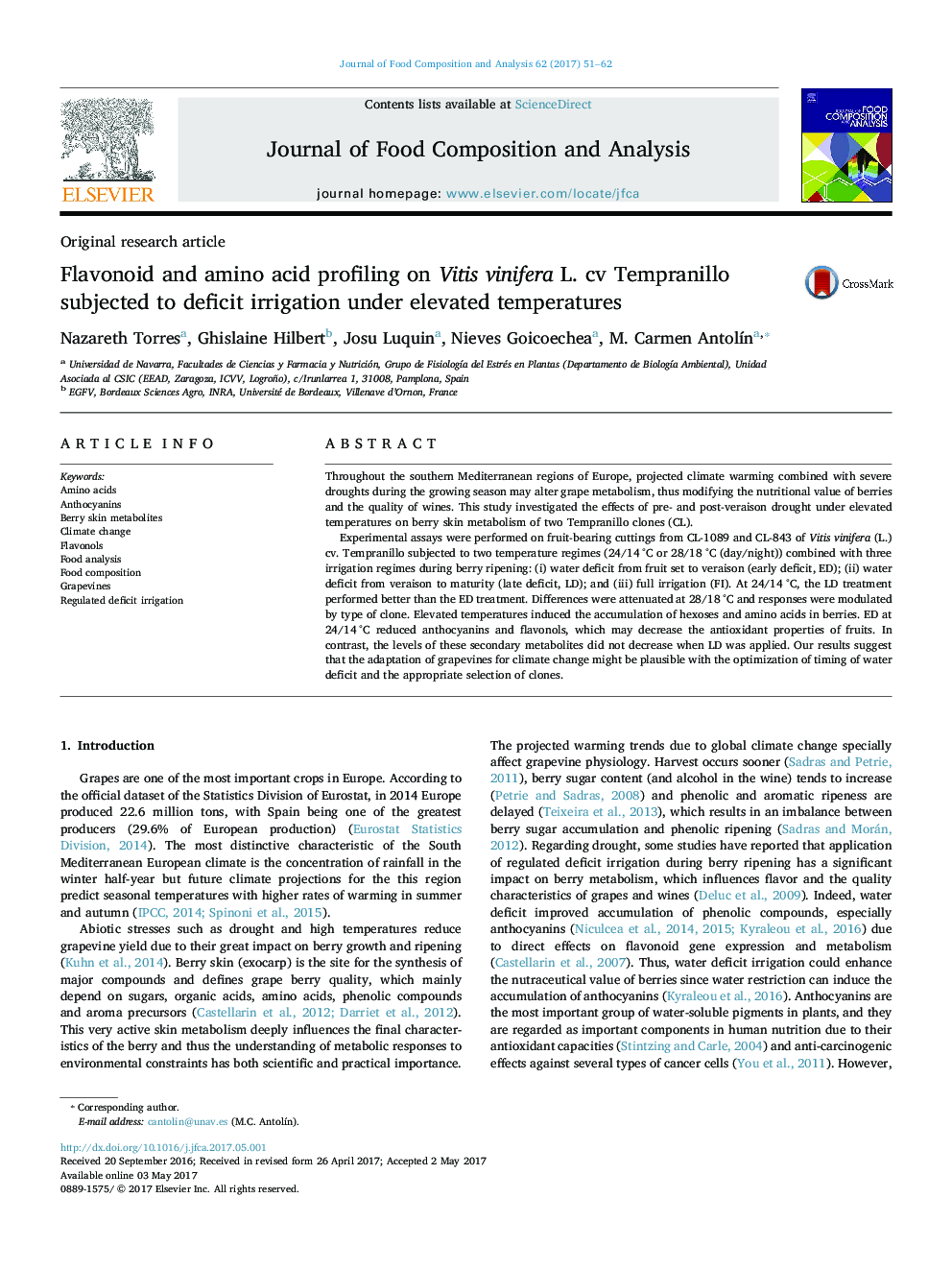 Original research articleFlavonoid and amino acid profiling on Vitis vinifera L. cv Tempranillo subjected to deficit irrigation under elevated temperatures