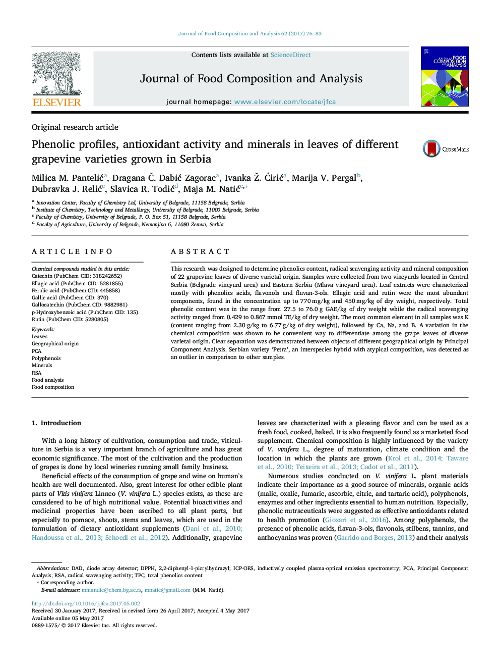 Original research articlePhenolic profiles, antioxidant activity and minerals in leaves of different grapevine varieties grown in Serbia