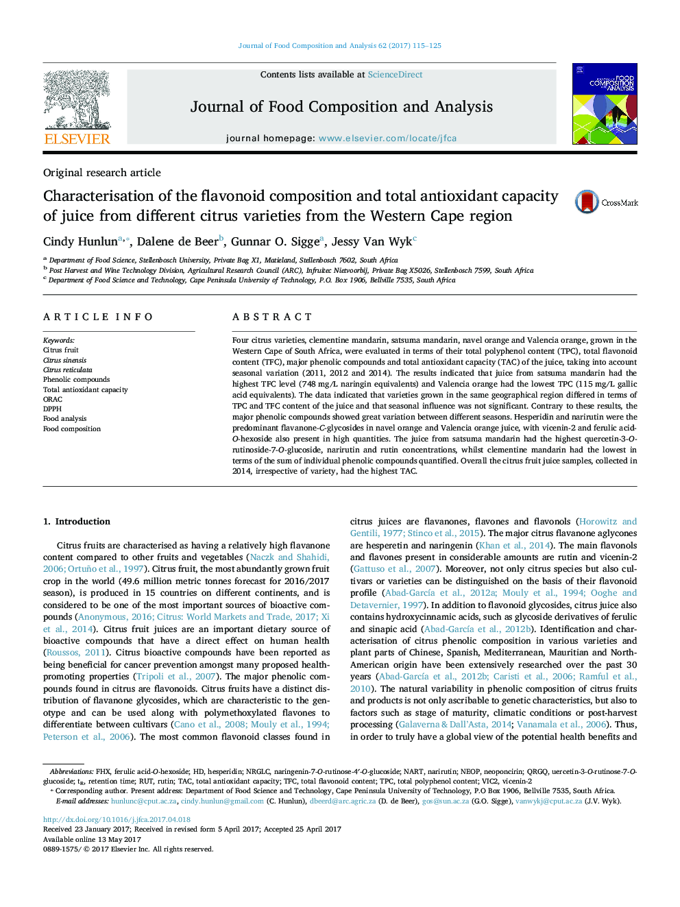 Original research articleCharacterisation of the flavonoid composition and total antioxidant capacity of juice from different citrus varieties from the Western Cape region