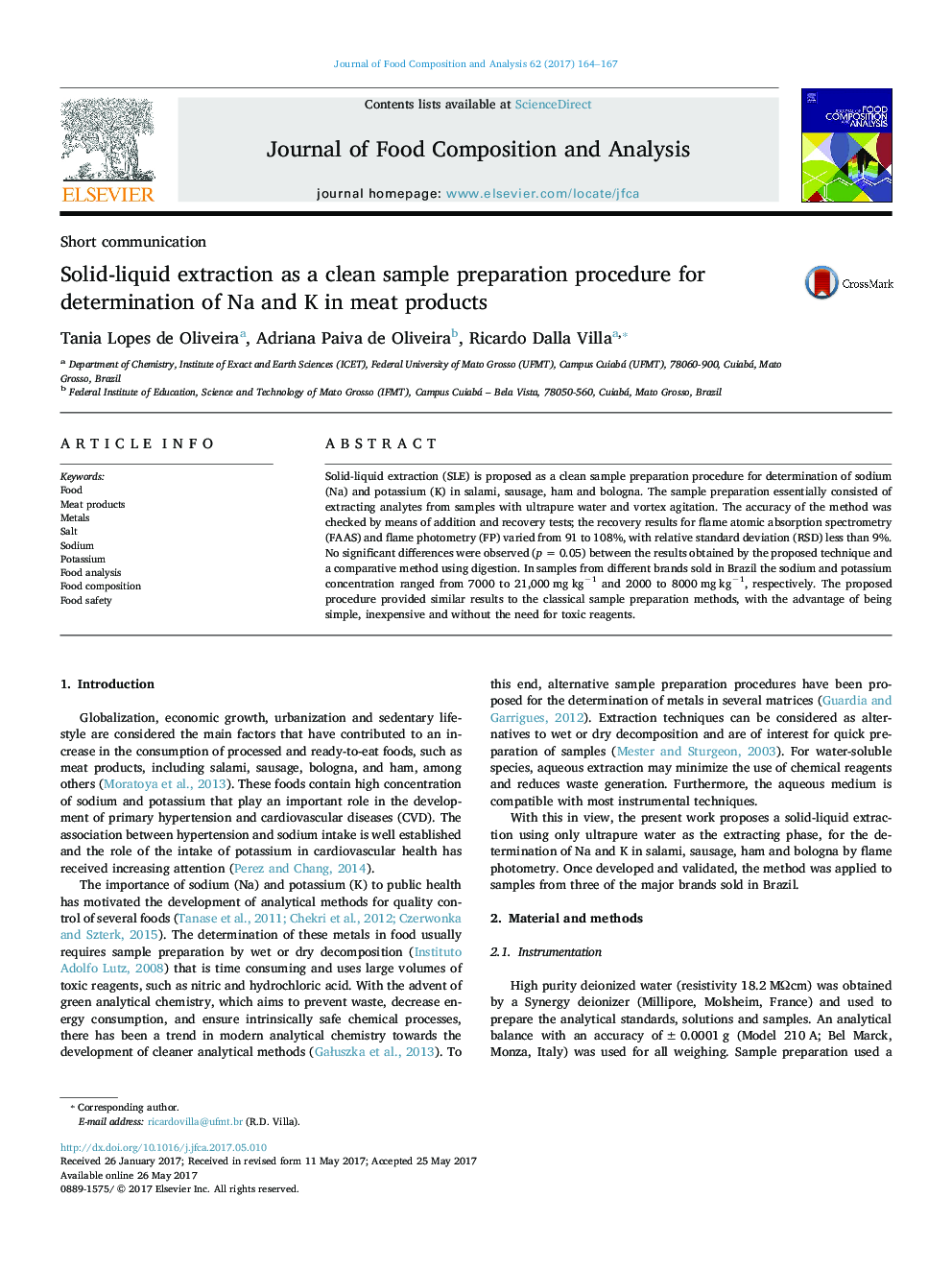 Short communicationSolid-liquid extraction as a clean sample preparation procedure for determination of Na and K in meat products