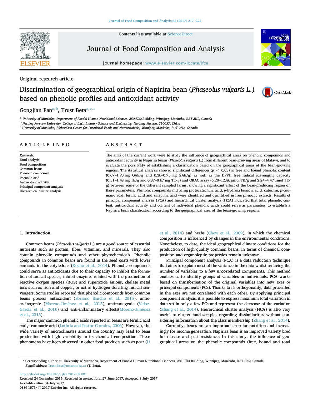 Original research articleDiscrimination of geographical origin of Napirira bean (Phaseolus vulgaris L.) based on phenolic profiles and antioxidant activity