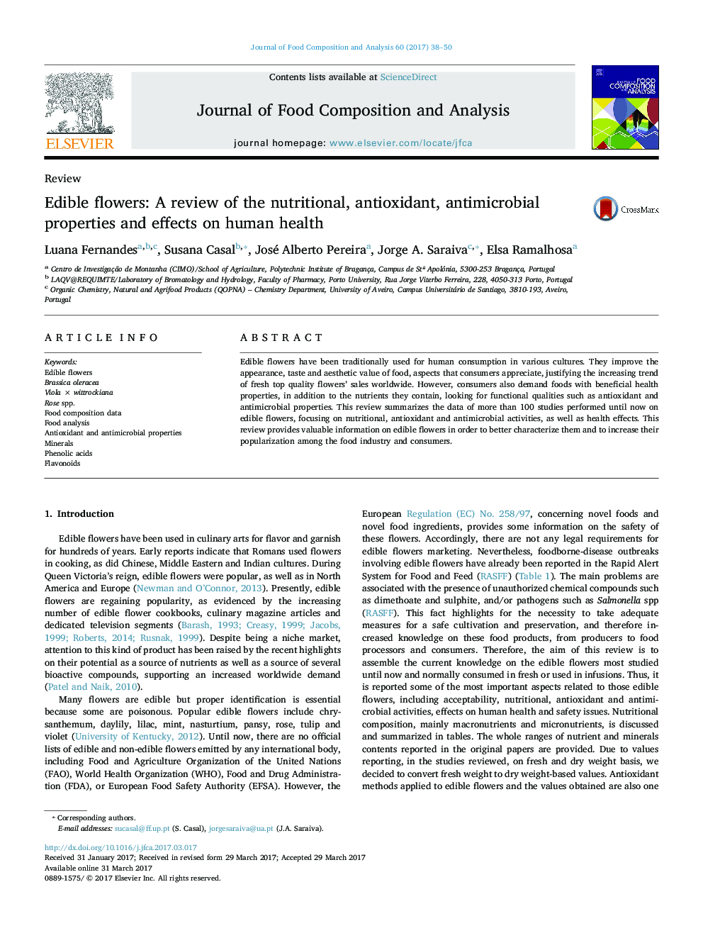 ReviewEdible flowers: A review of the nutritional, antioxidant, antimicrobial properties and effects on human health