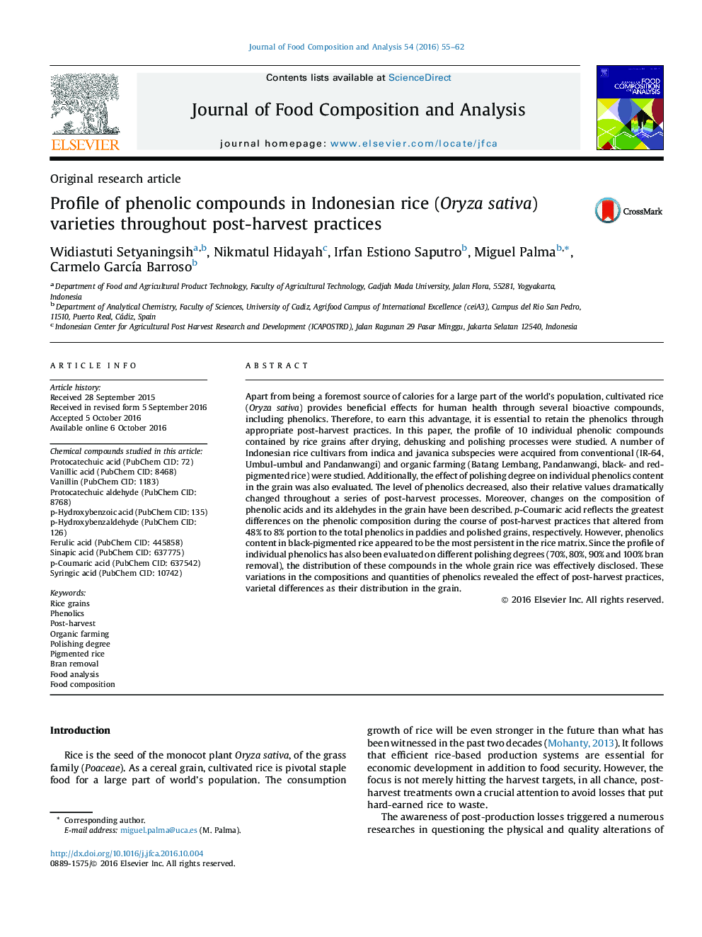 Original research articleProfile of phenolic compounds in Indonesian rice (Oryza sativa) varieties throughout post-harvest practices