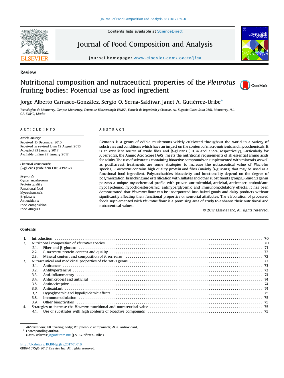 ReviewNutritional composition and nutraceutical properties of the Pleurotus fruiting bodies: Potential use as food ingredient