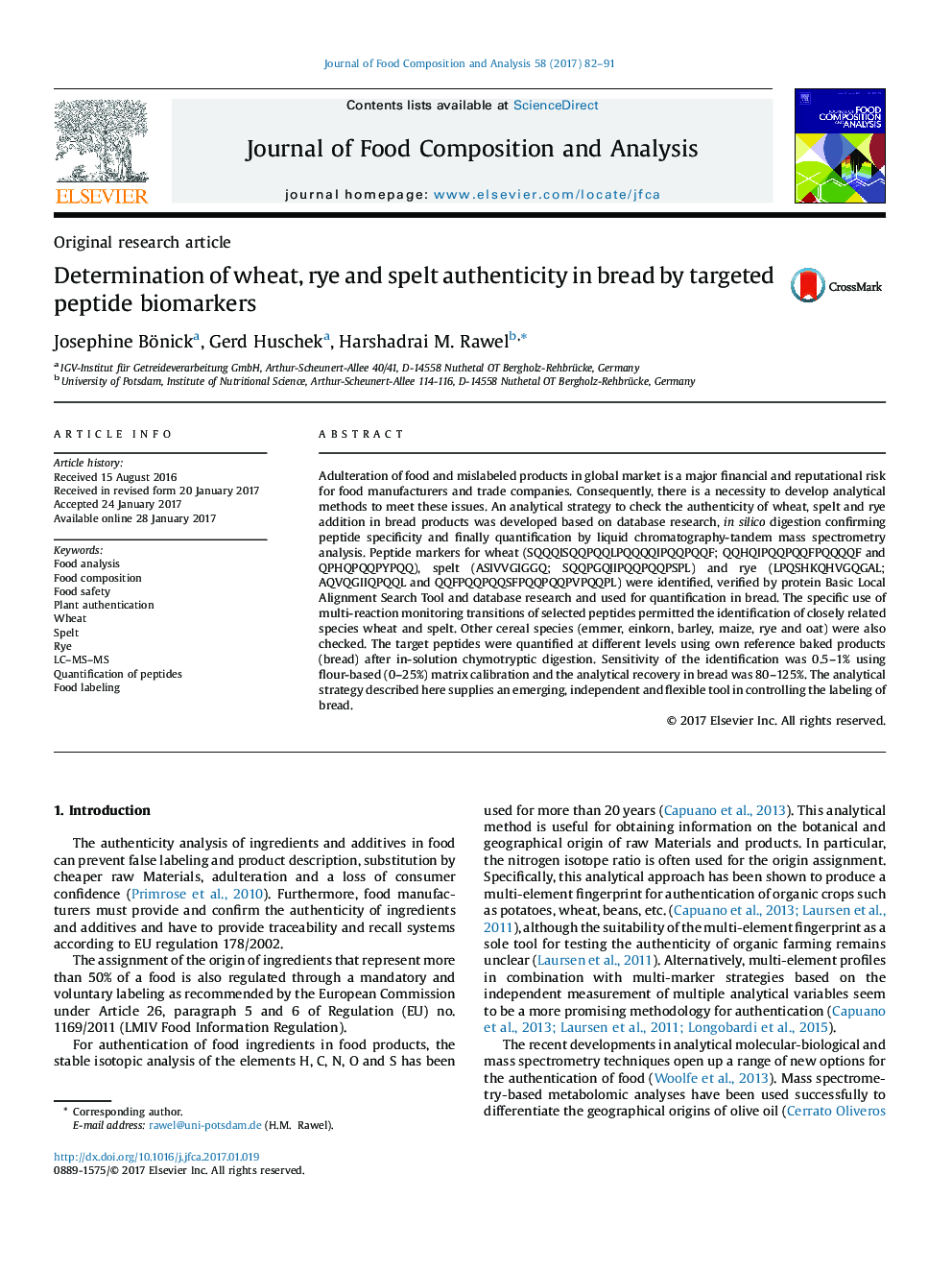 Original research articleDetermination of wheat, rye and spelt authenticity in bread by targeted peptide biomarkers