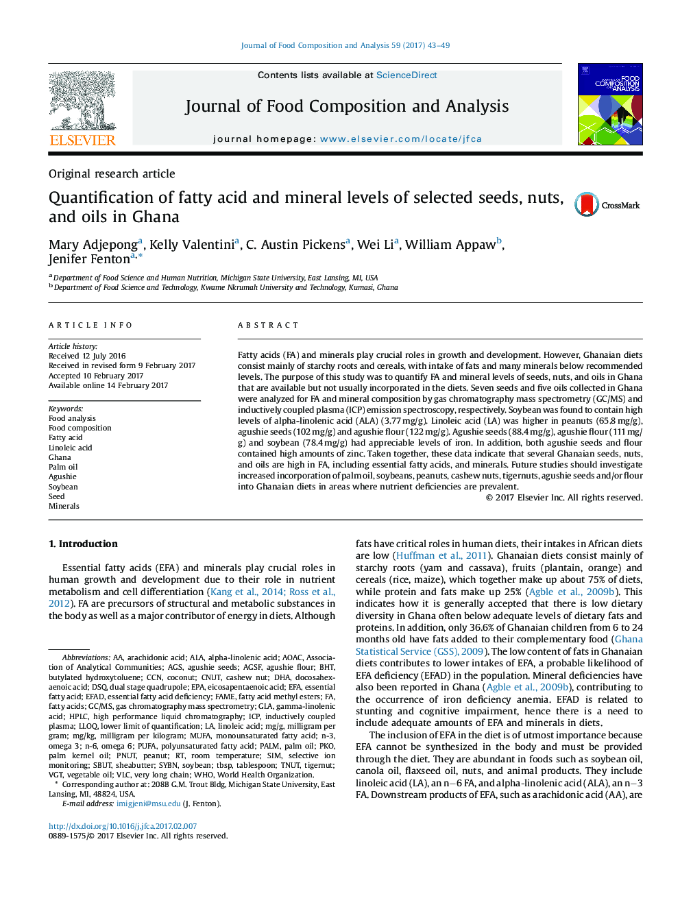 Original research articleQuantification of fatty acid and mineral levels of selected seeds, nuts, and oils in Ghana