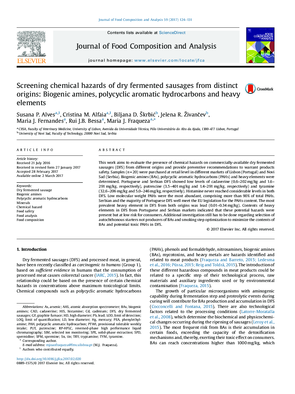 Screening chemical hazards of dry fermented sausages from distinct origins: Biogenic amines, polycyclic aromatic hydrocarbons and heavy elements