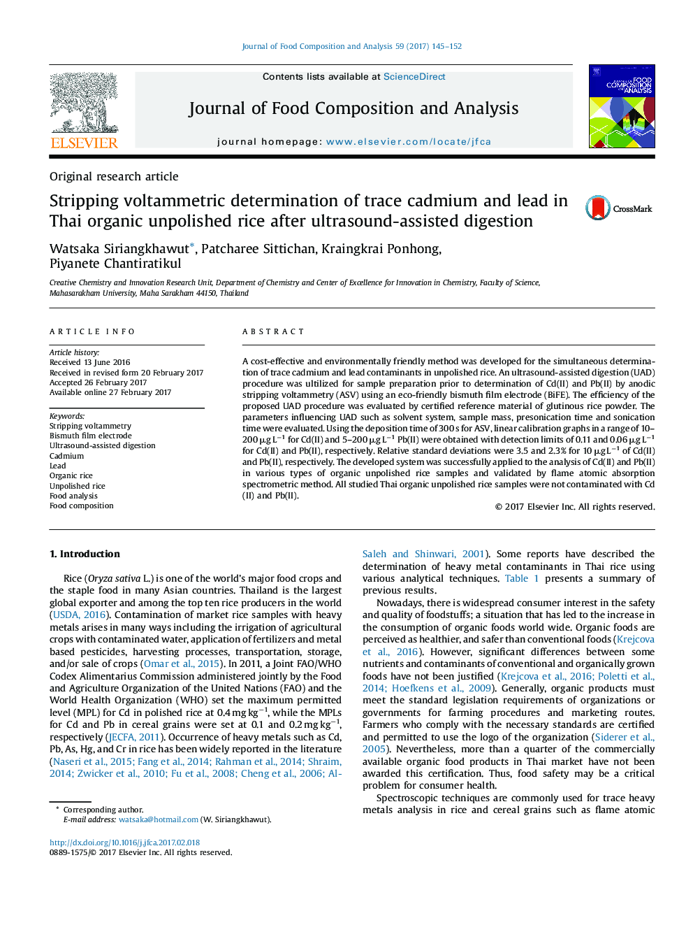 Original research articleStripping voltammetric determination of trace cadmium and lead in Thai organic unpolished rice after ultrasound-assisted digestion