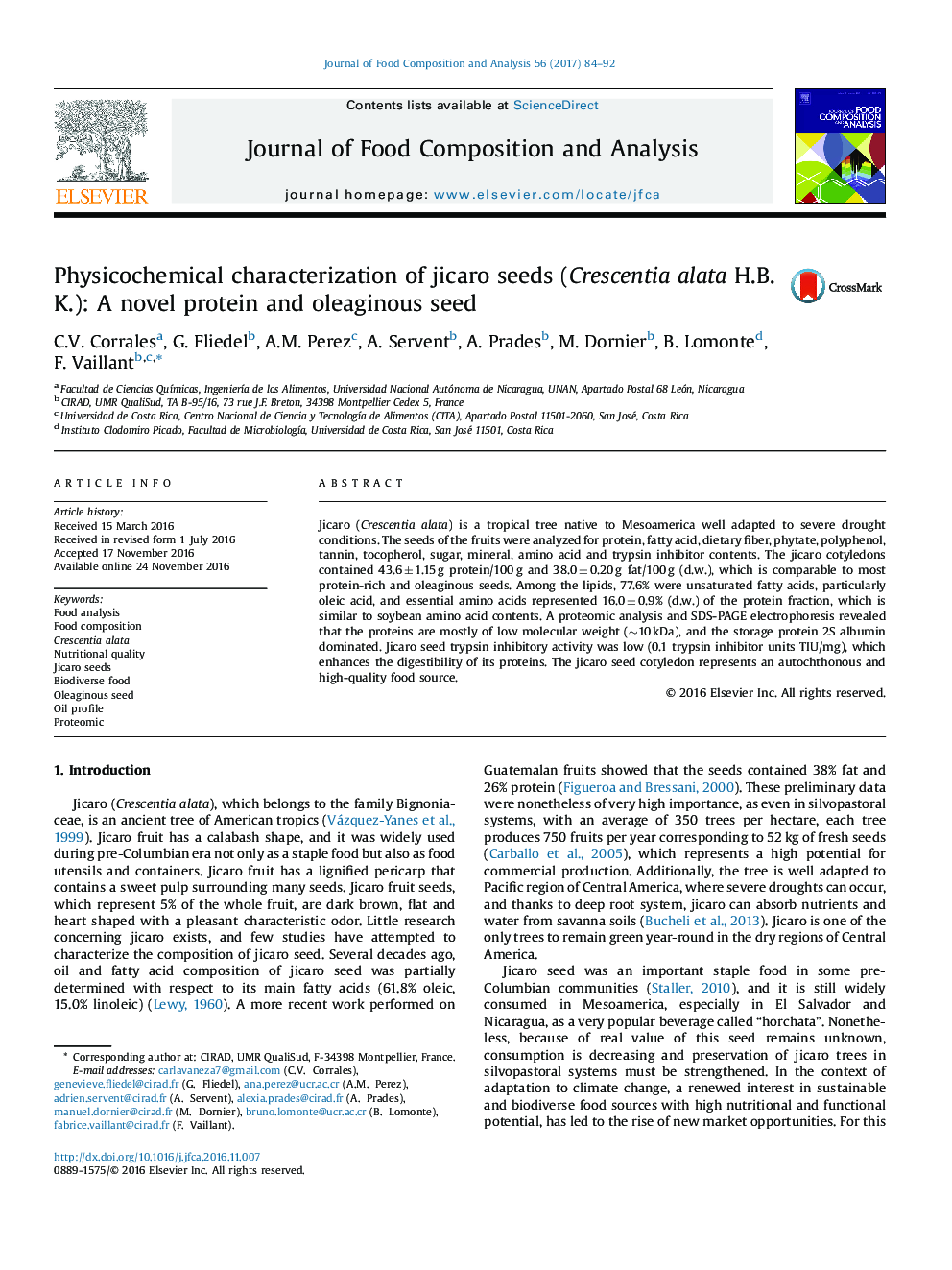 Physicochemical characterization of jicaro seeds (Crescentia alata H.B.K.): A novel protein and oleaginous seed