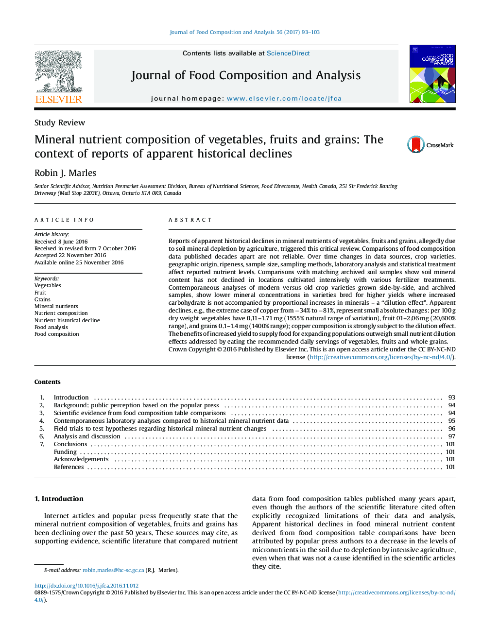 Mineral nutrient composition of vegetables, fruits and grains: The context of reports of apparent historical declines