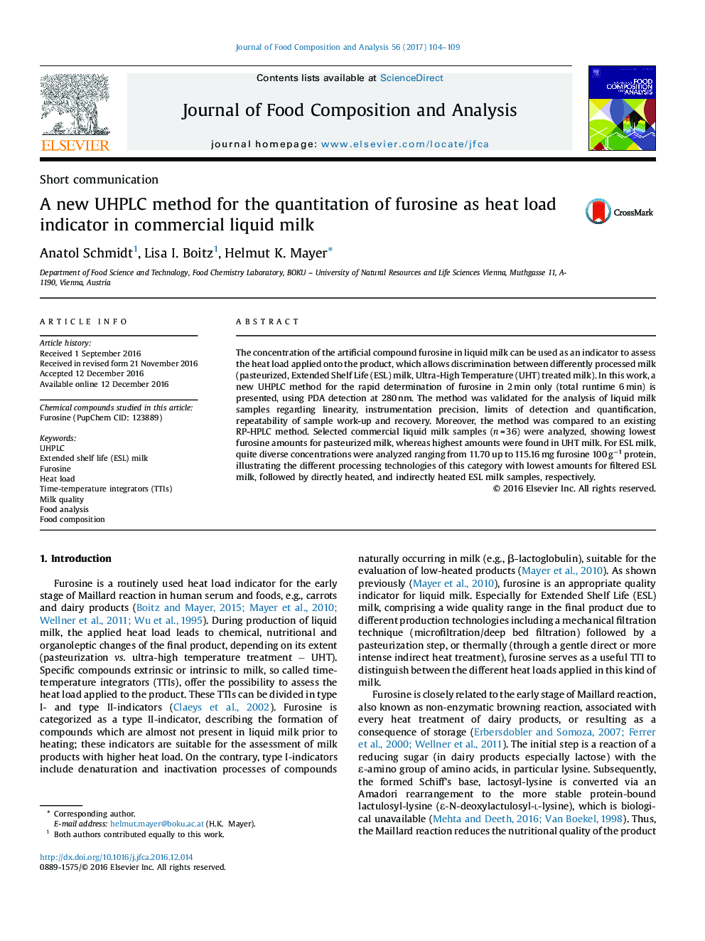 A new UHPLC method for the quantitation of furosine as heat load indicator in commercial liquid milk