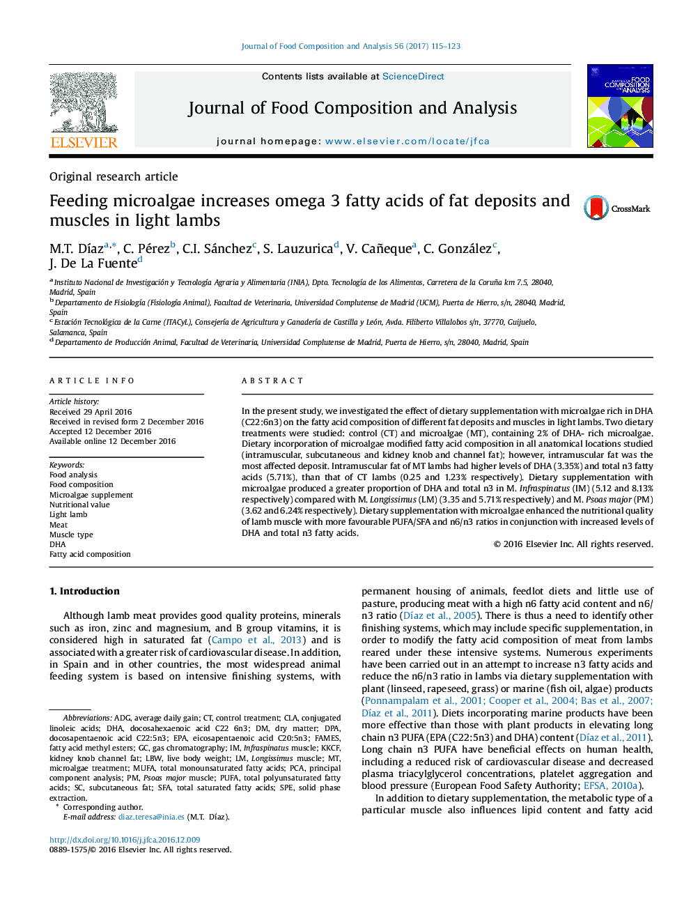 Original research articleFeeding microalgae increases omega 3 fatty acids of fat deposits and muscles in light lambs